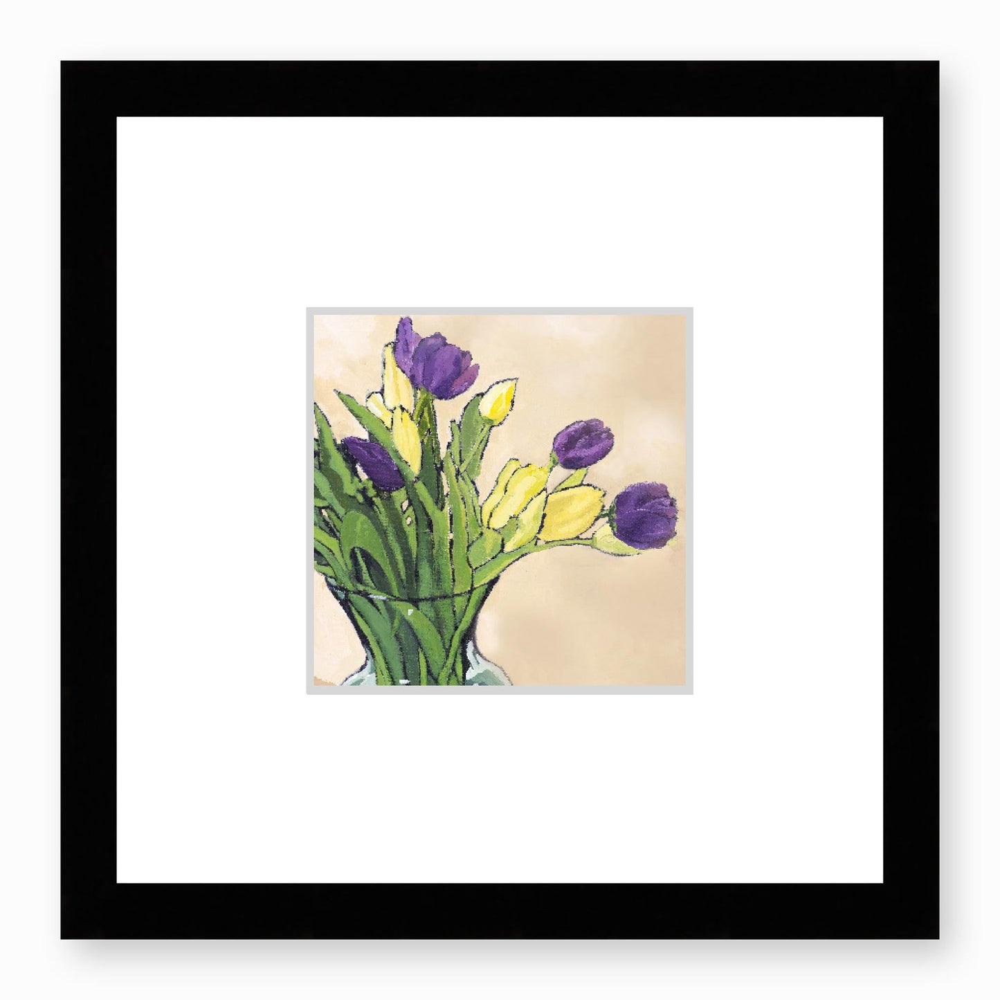 Framed Fine Art Print, Faux Mat - 12x12 inches | Purple & Yellow Tulips in Acrylic, FMS-1060-001, Prints, Fine art, Black Frame,12 x 12 inches