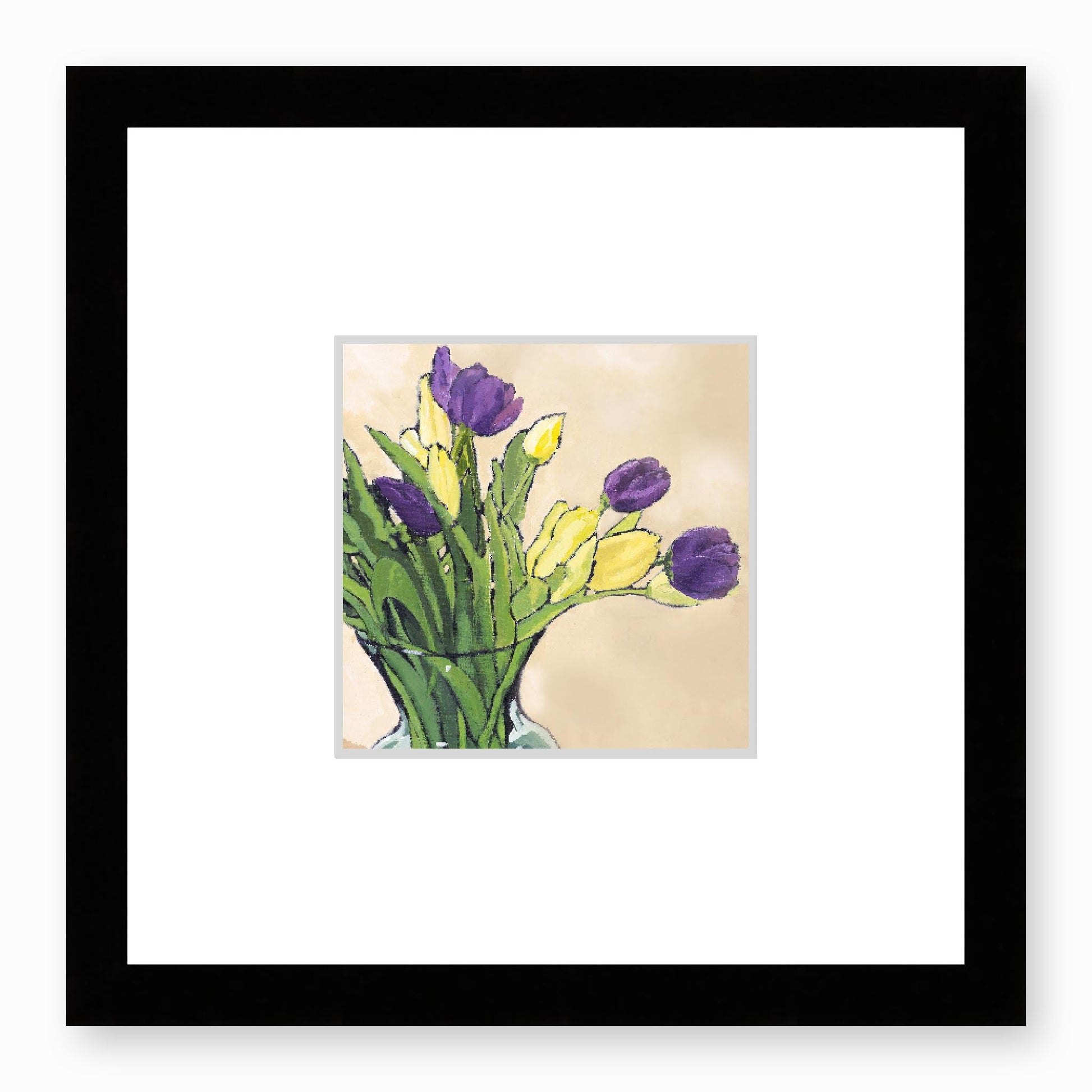 Framed Fine Art Print, Faux Mat - 12x12 inches | Purple & Yellow Tulips in Acrylic, FMS-1060-001, Prints, Fine art, Black Frame,12 x 12 inches