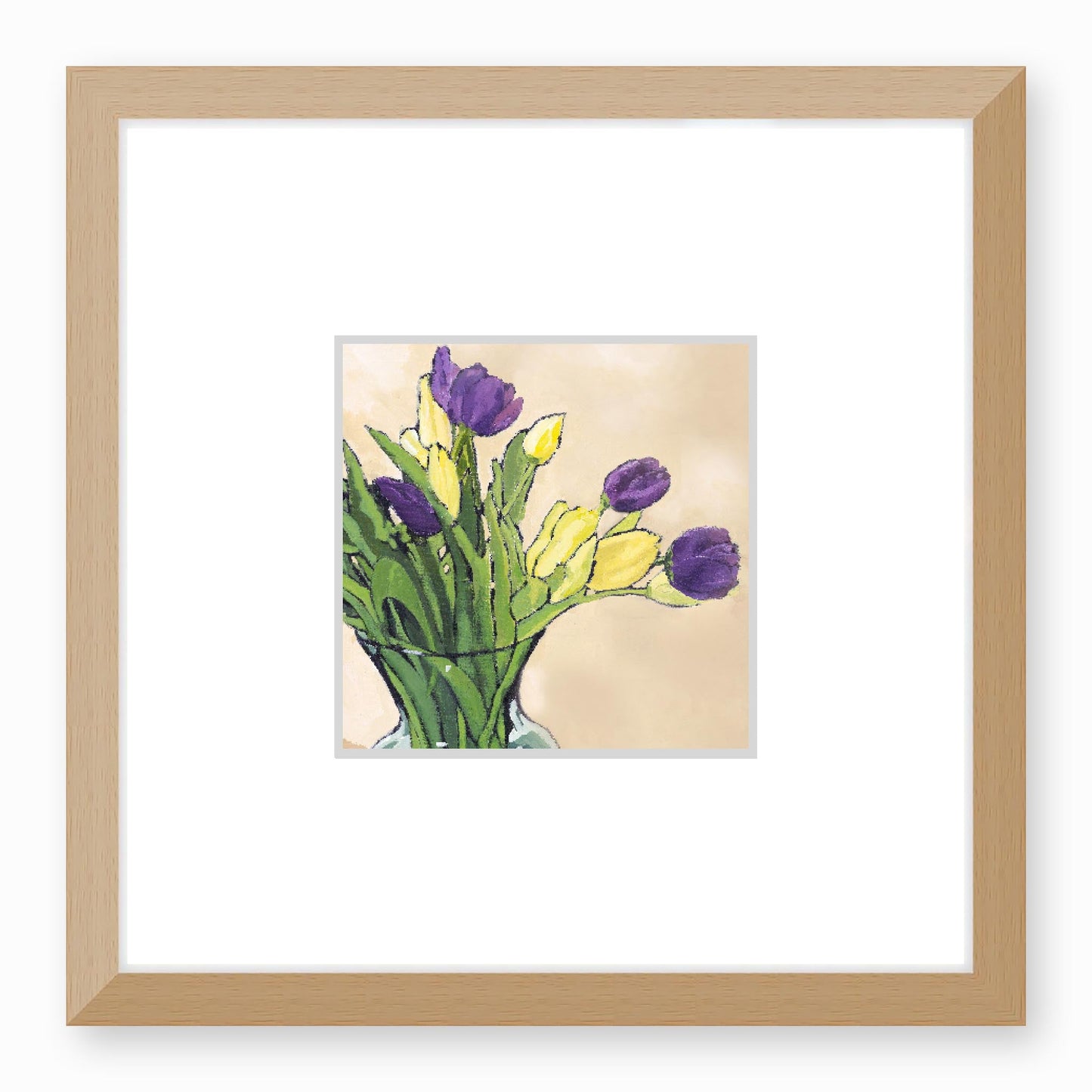 Framed Fine Art Print, Faux Mat - 12x12 inches | Purple & Yellow Tulips in Acrylic, FMS-1060-001, Prints, Fine art, Natural Frame,12 x 12 inches