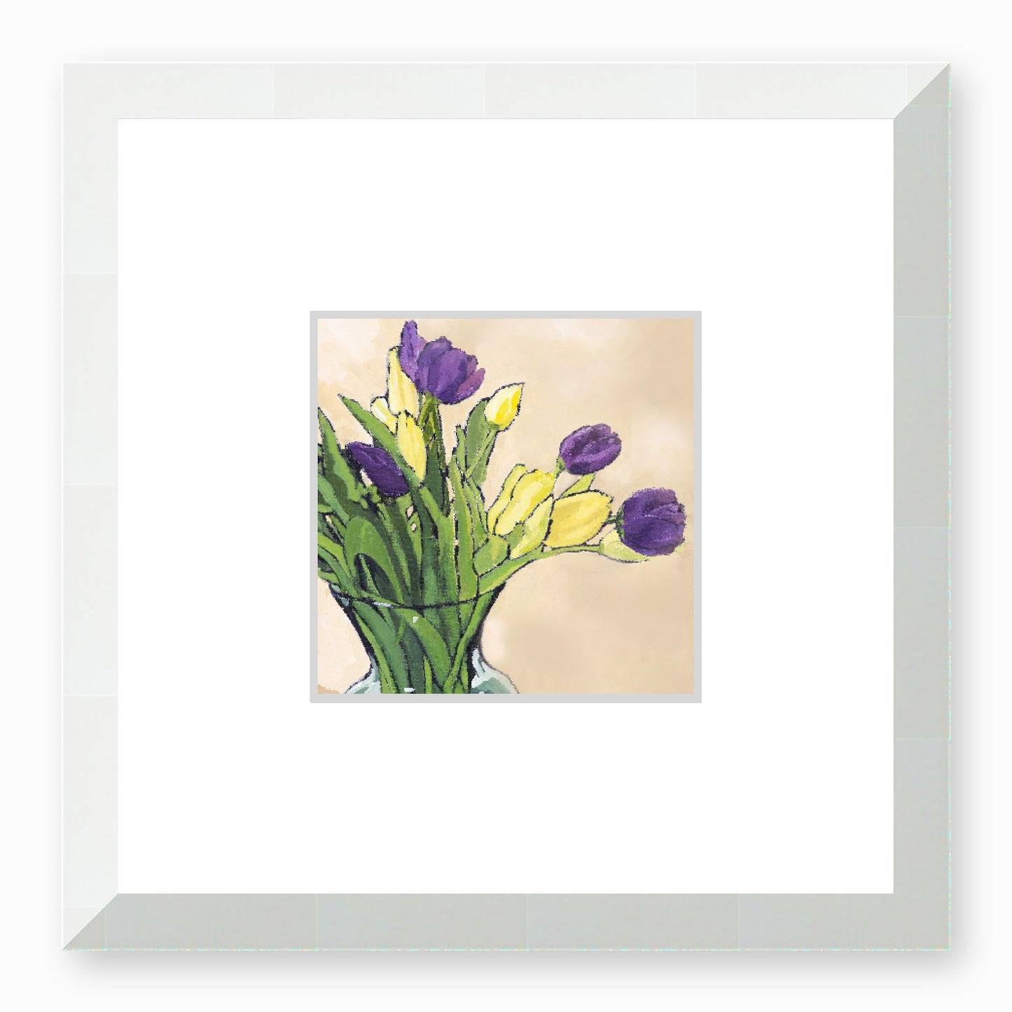 Framed Fine Art Print, Faux Mat - 12x12 inches | Purple & Yellow Tulips in Acrylic, FMS-1060-001, Prints, Fine art, White Frame,12 x 12 inches