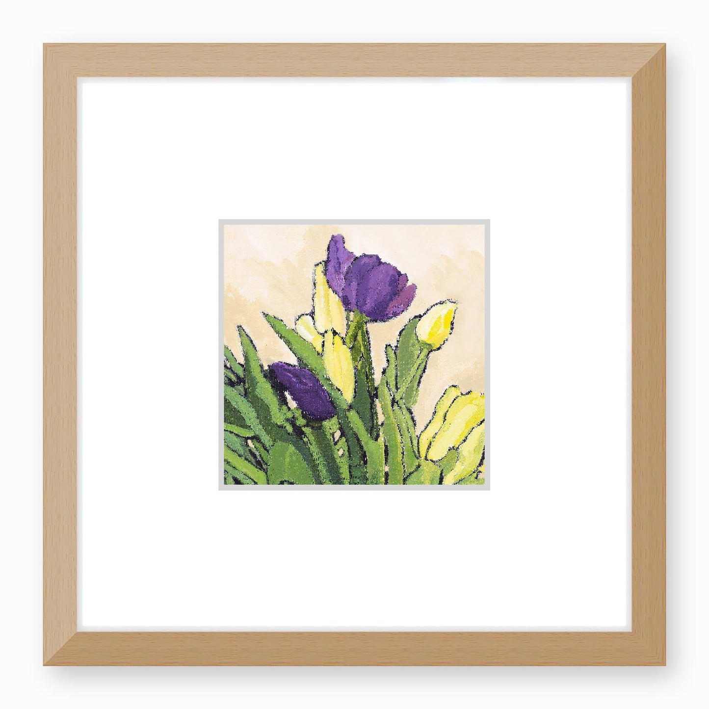Framed Fine Art Print, Faux Mat - 12x12 inches | Purple & Yellow Tulips in Acrylic, FMS-1060-002, Prints, Fine art, Natural Frame,12 x 12 inches
