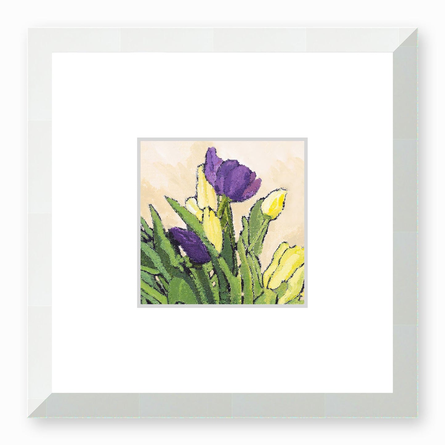 Framed Fine Art Print, Faux Mat - 12x12 inches | Purple & Yellow Tulips in Acrylic, FMS-1060-002, Prints, Fine art, White Frame,12 x 12 inches