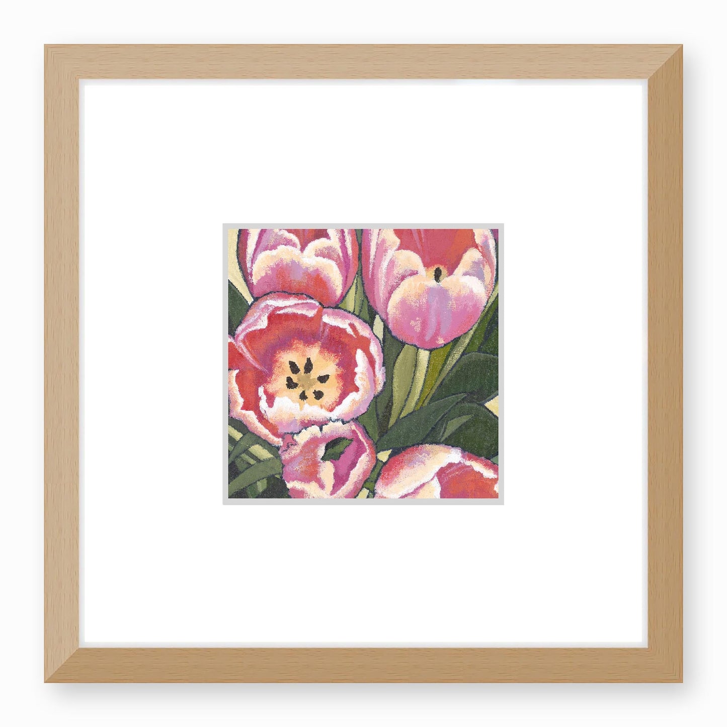 Framed Fine Art Print, Faux Mat - 12x12 inches | Pink Tulips in Acrylic, FMS-1080, Prints, Fine art, Natural Frame,12 x 12 inches