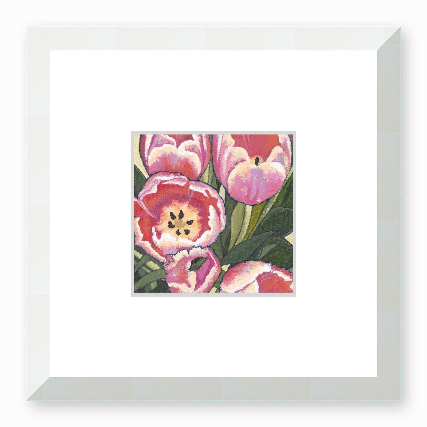 Framed Fine Art Print, Faux Mat - 12x12 inches | Pink Tulips in Acrylic, FMS-1080, Prints, Fine art, White Frame,12 x 12 inches