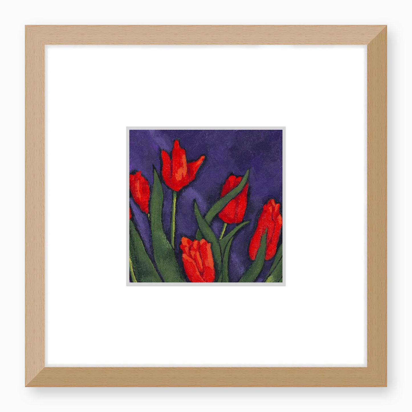 Framed Fine Art Print, Faux Mat - 12x12 inches | Red Tulips in Acrylic, FMS-1111-001, Prints, Fine art, Natural Frame,12 x 12 inches