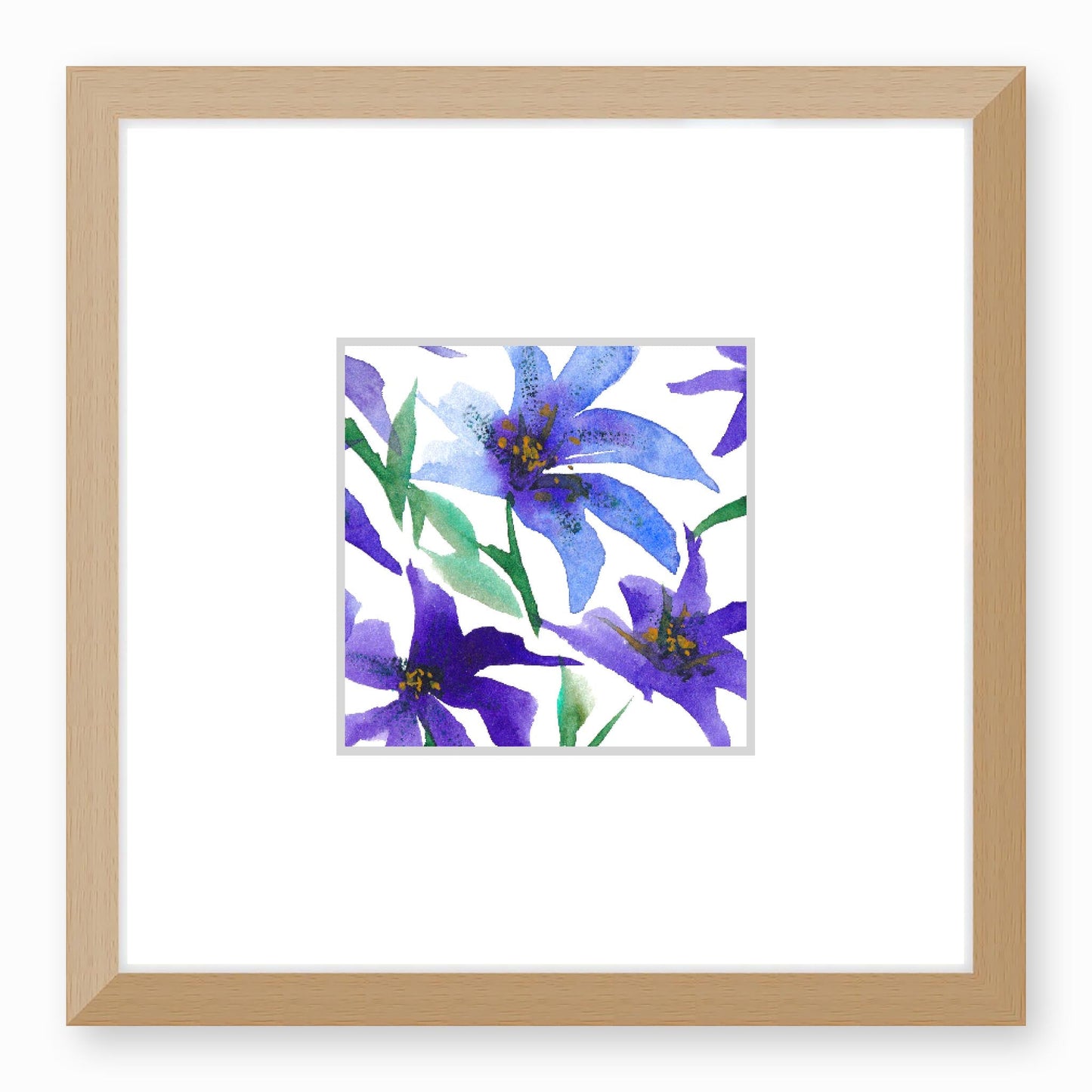 Framed Fine Art Print, Faux Mat - 12x12 inches | Purple Floral Watercolour, fms-1300-001, Prints, Fine art, Natural Frame,12 x 12 inches