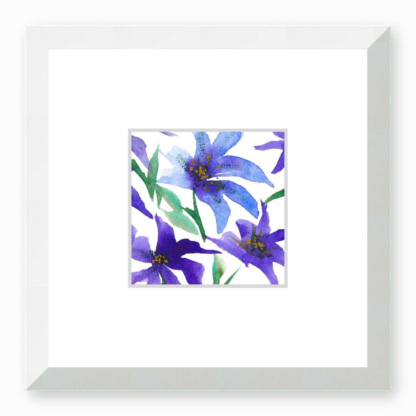 Framed Fine Art Print, Faux Mat - 12x12 inches | Purple Floral Watercolour, fms-1300-001, Prints, Fine art, White Frame,12 x 12 inches