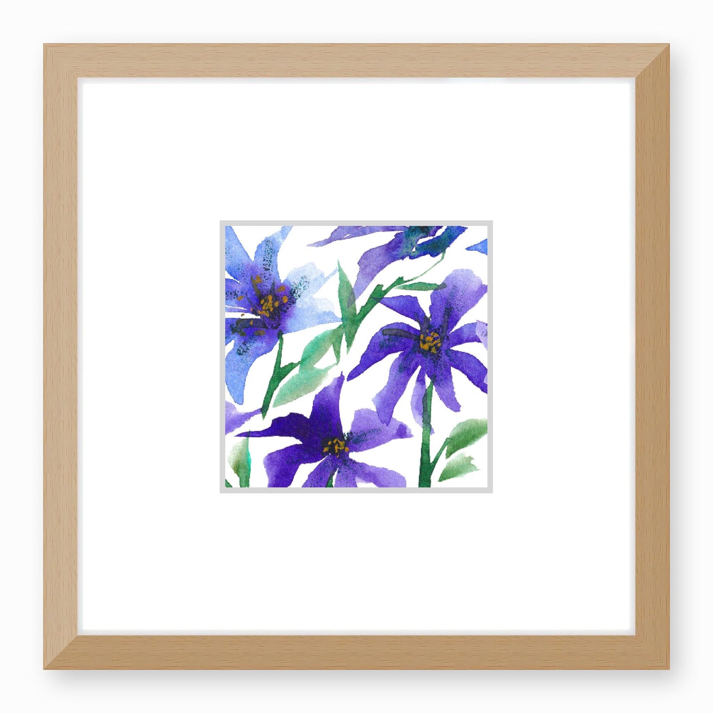 Framed Fine Art Print, Faux Mat - 12x12 inches | Purple Floral Watercolour, fms-1300-002, Prints, Fine art, Natural Frame,12 x 12 inches
