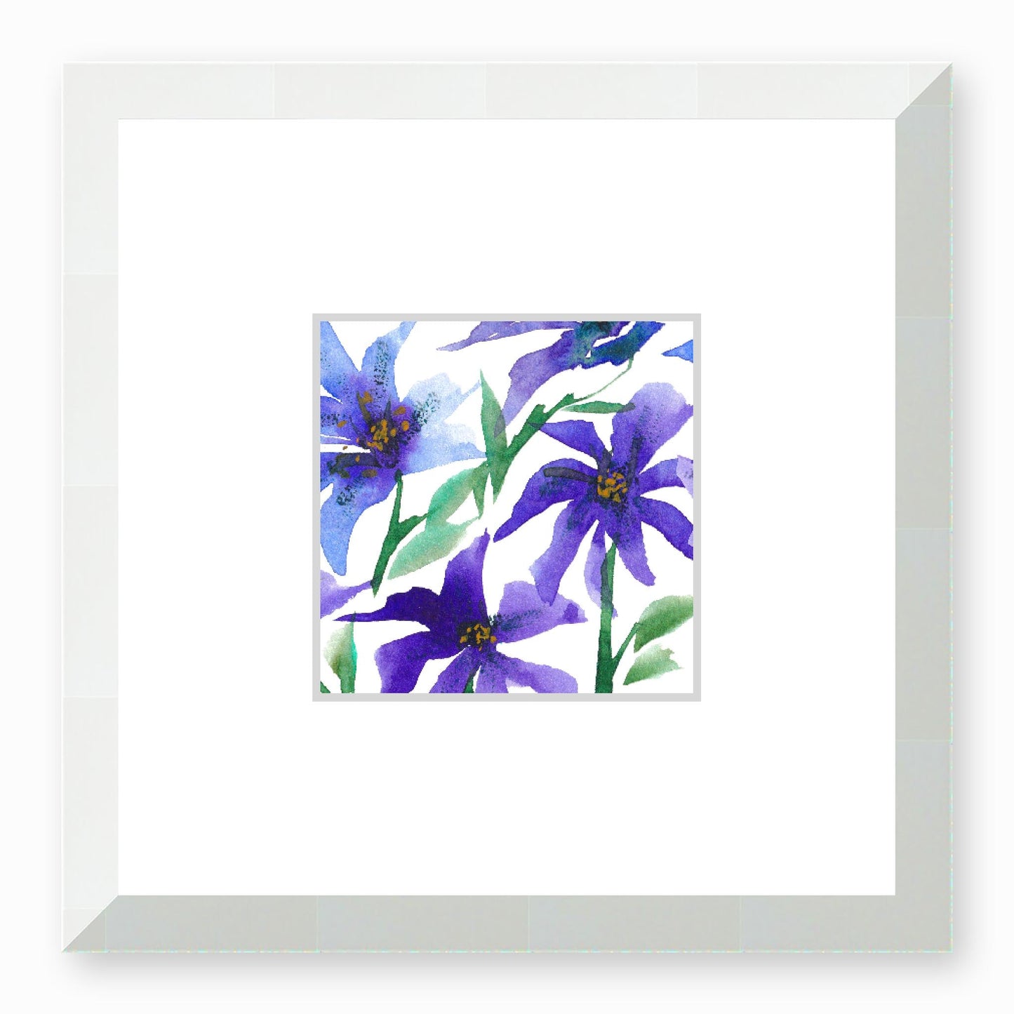 Framed Fine Art Print, Faux Mat - 12x12 inches | Purple Floral Watercolour, fms-1300-002, Prints, Fine art, White Frame,12 x 12 inches