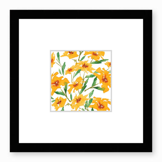 Framed Fine Art Print, Faux Mat - 12x12 inches | Yellow-Orange Floral Watercolour, fms-1310-001, Prints, Fine art, Black Frame,12 x 12 inches