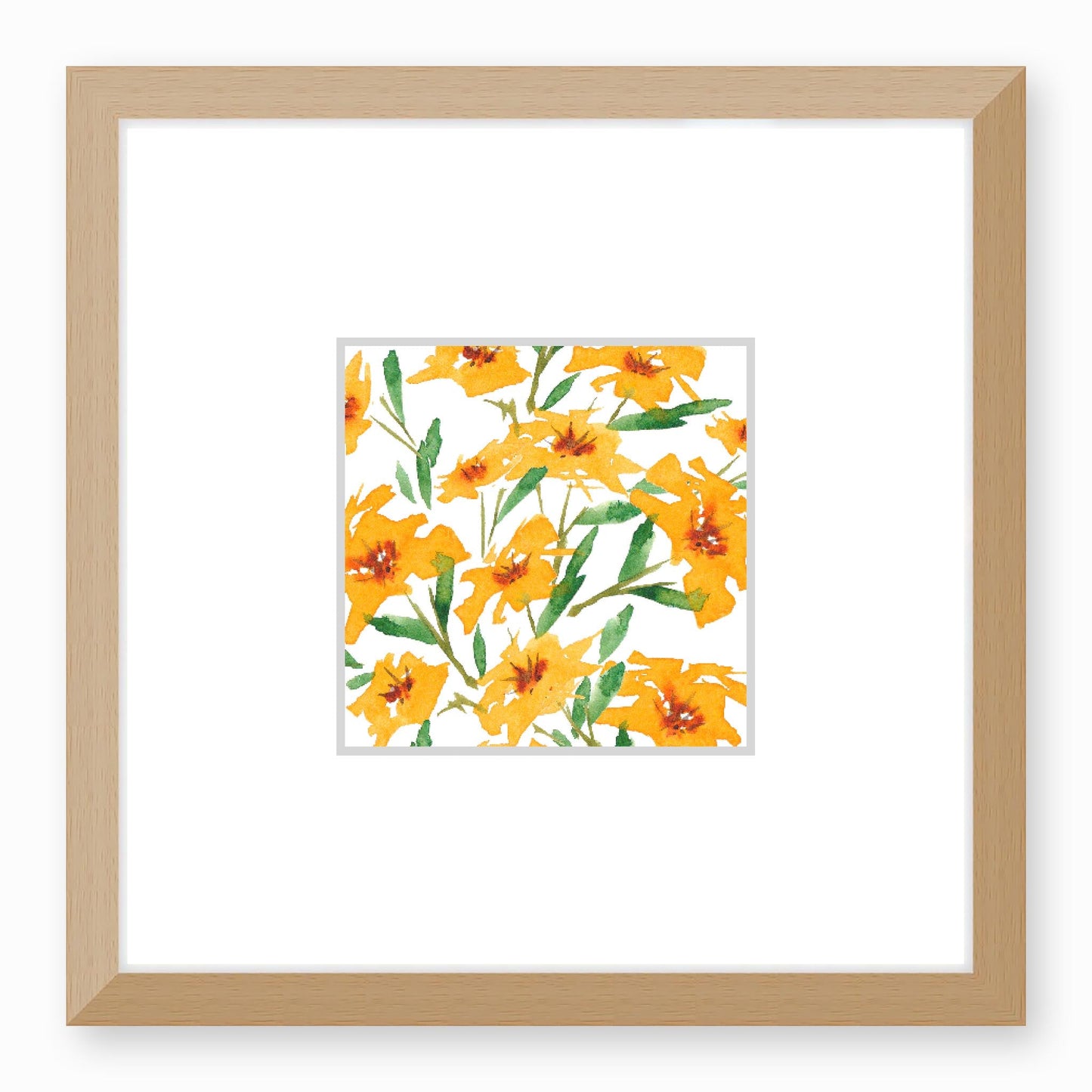 Framed Fine Art Print, Faux Mat - 12x12 inches | Yellow-Orange Floral Watercolour, fms-1310-001, Prints, Fine art, Natural Frame,12 x 12 inches