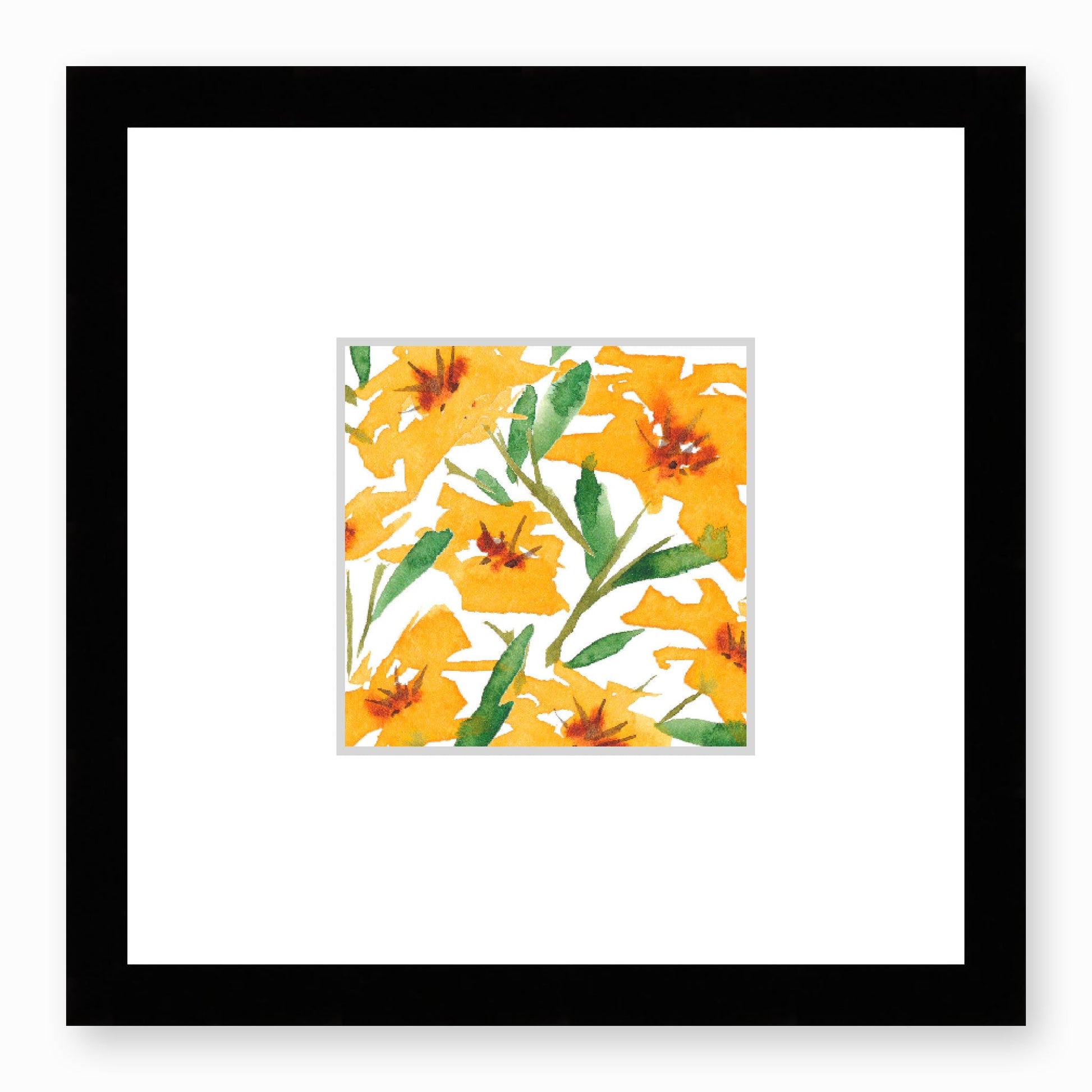 Framed Fine Art Print, Faux Mat - 12x12 inches | Yellow-Orange Floral Watercolour, fms-1310-002, Prints, Fine art, Black Frame,12 x 12 inches