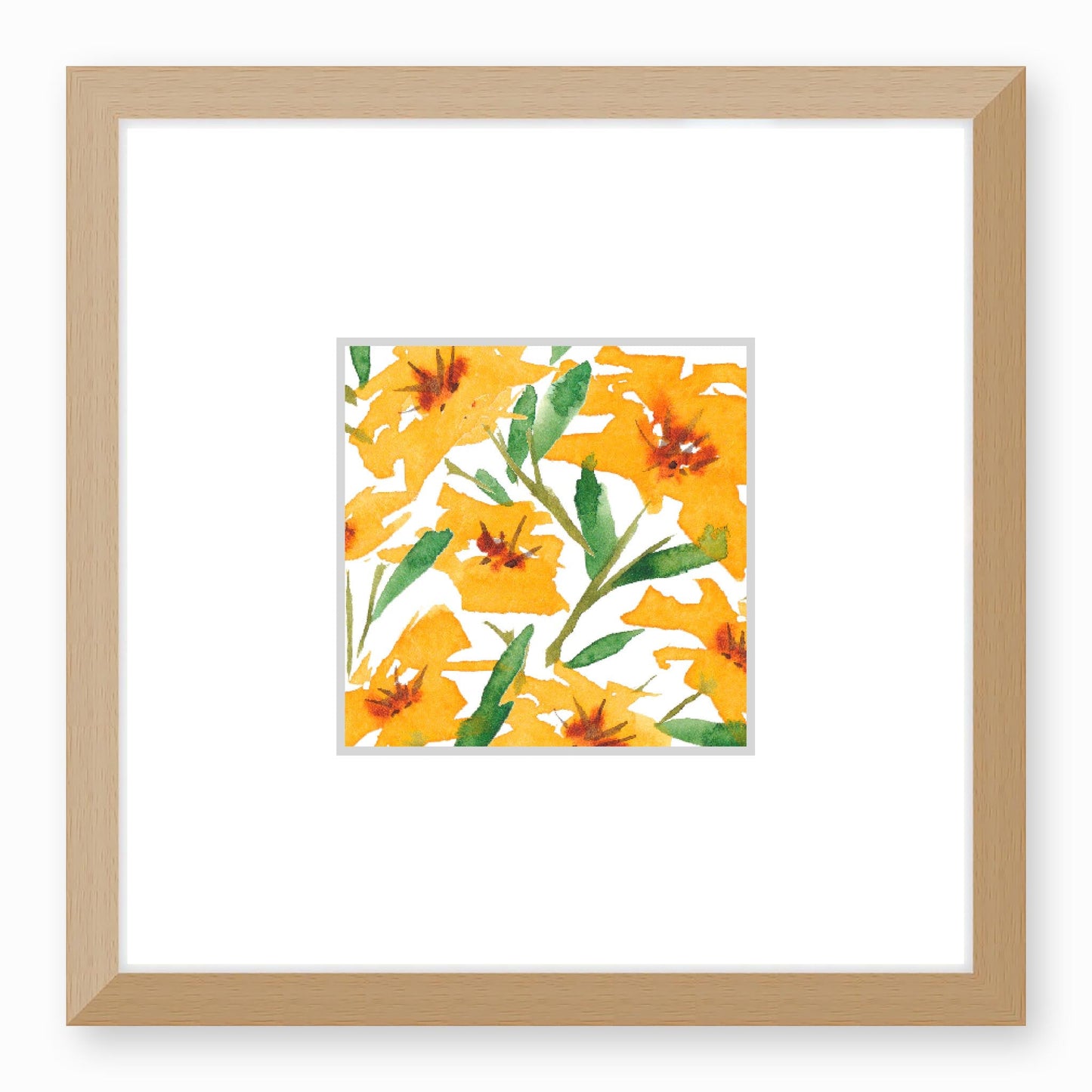 Framed Fine Art Print, Faux Mat - 12x12 inches | Yellow-Orange Floral Watercolour, fms-1310-002, Prints, Fine art, Natural Frame,12 x 12 inches