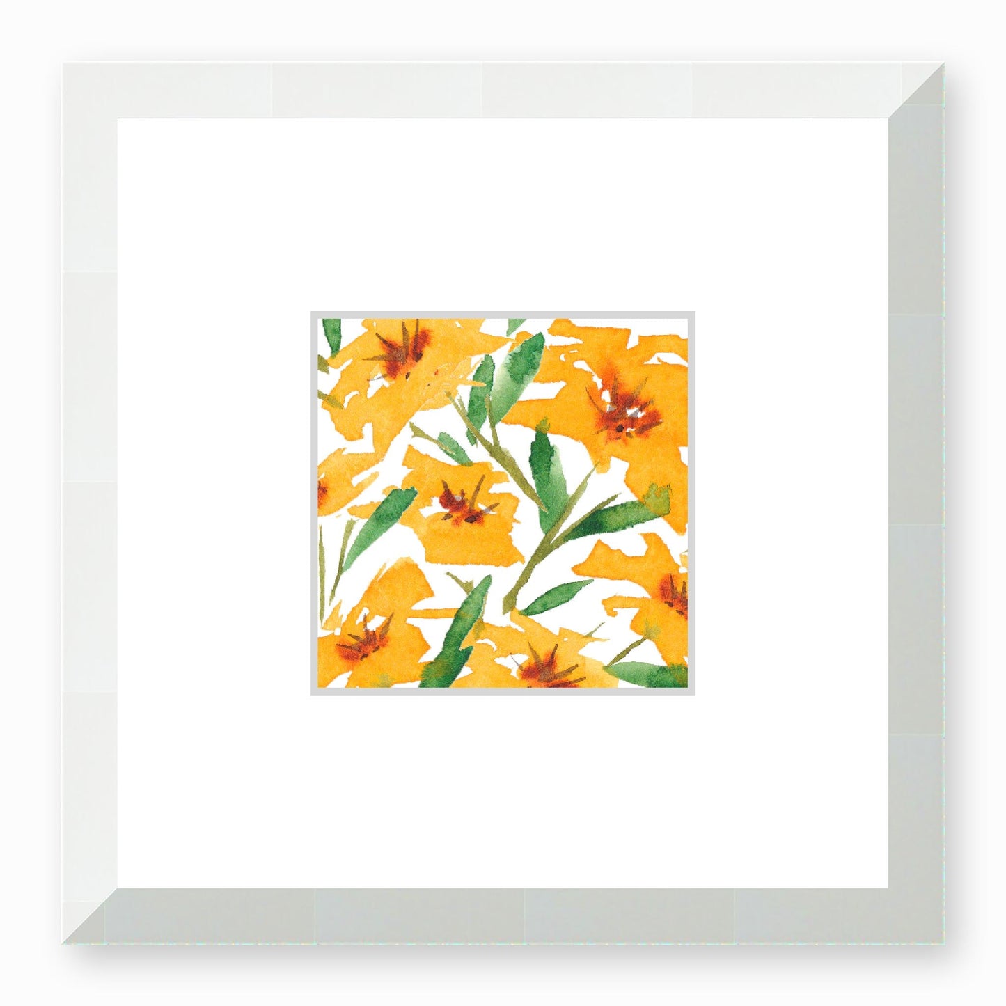 Framed Fine Art Print, Faux Mat - 12x12 inches | Yellow-Orange Floral Watercolour, fms-1310-002, Prints, Fine art, White Frame,12 x 12 inches