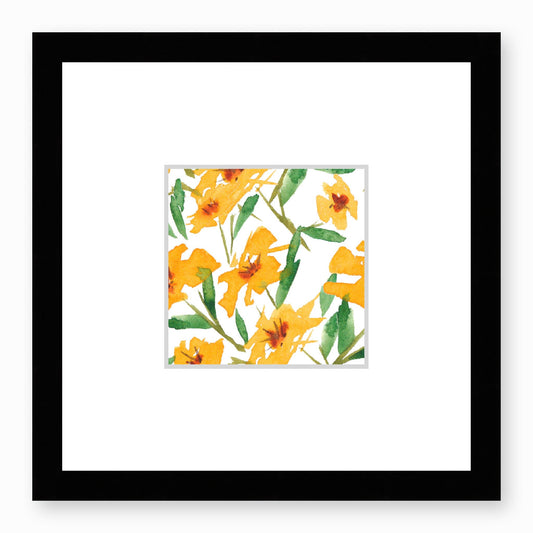 Framed Fine Art Print, Faux Mat - 12x12 inches | Yellow-Orange Floral Watercolour, fms-1310-003, Prints, Fine art, Black Frame,12 x 12 inches