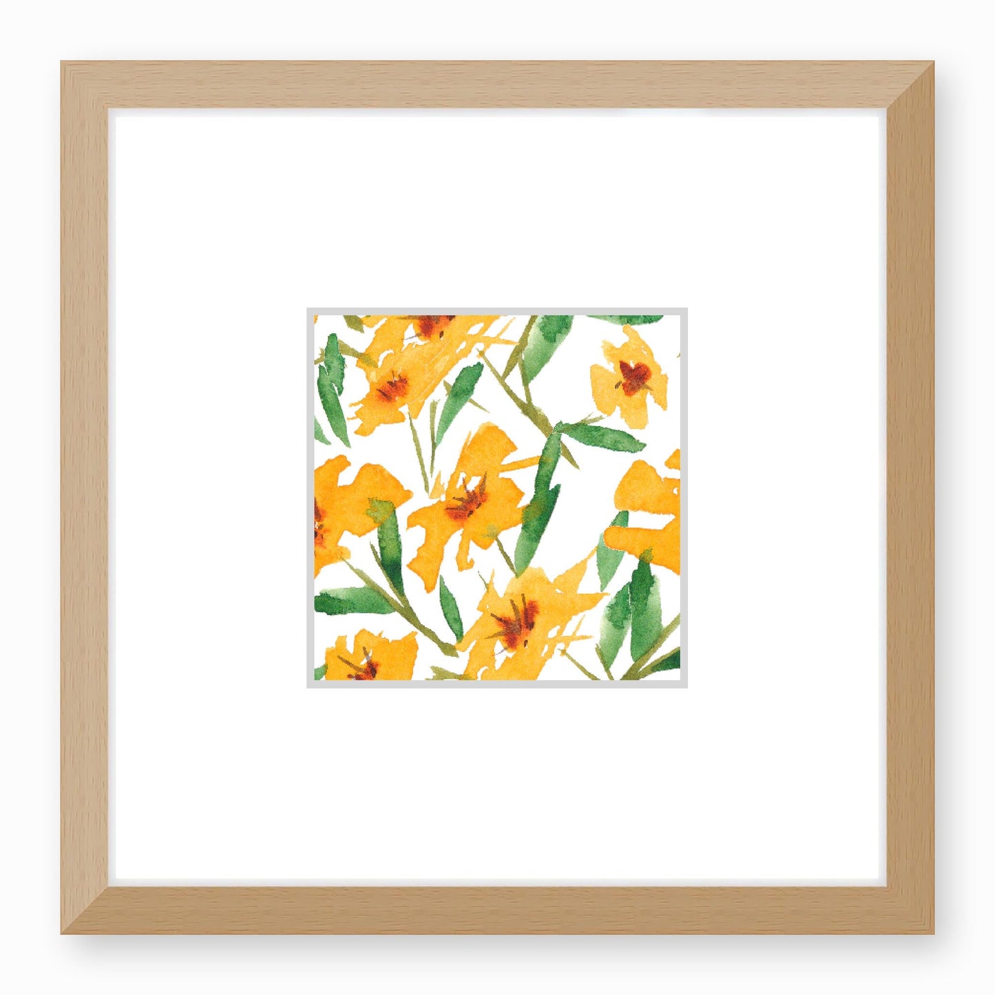 Framed Fine Art Print, Faux Mat - 12x12 inches | Yellow-Orange Floral Watercolour, fms-1310-003, Prints, Fine art, Natural Frame,12 x 12 inches