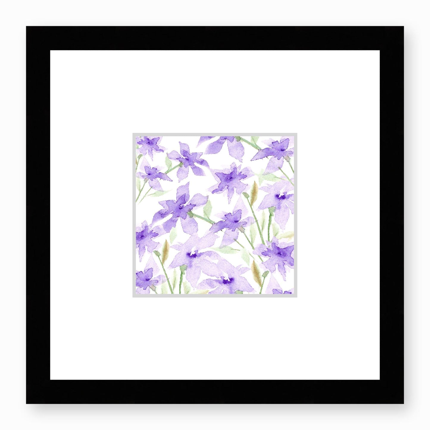 Framed Fine Art Print, Faux Mat - 12x12 inches | Purple Floral Watercolour, fms-1320-001, Prints, Fine art, Black Frame,12 x 12 inches