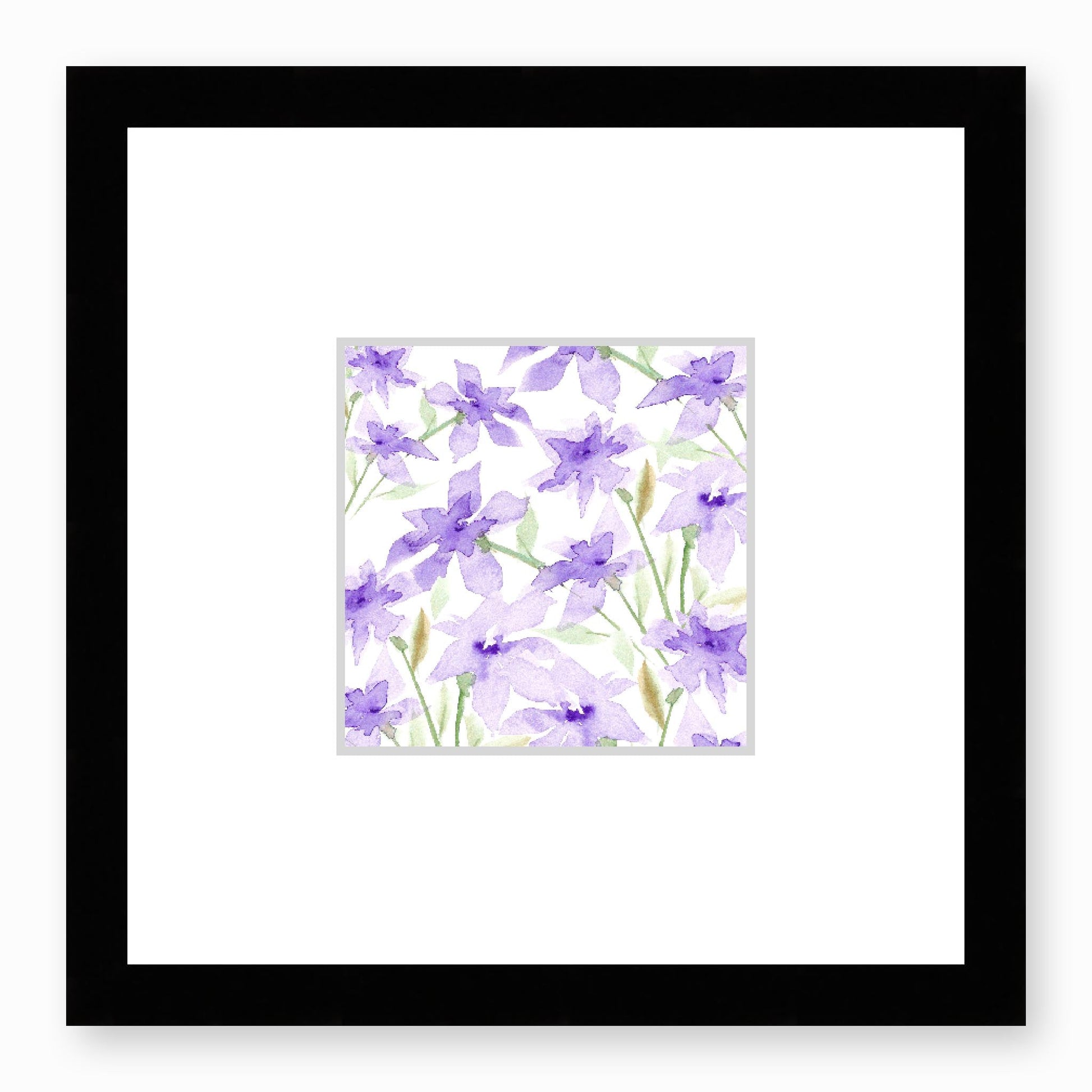 Framed Fine Art Print, Faux Mat - 12x12 inches | Purple Floral Watercolour, fms-1320-001, Prints, Fine art, Black Frame,12 x 12 inches