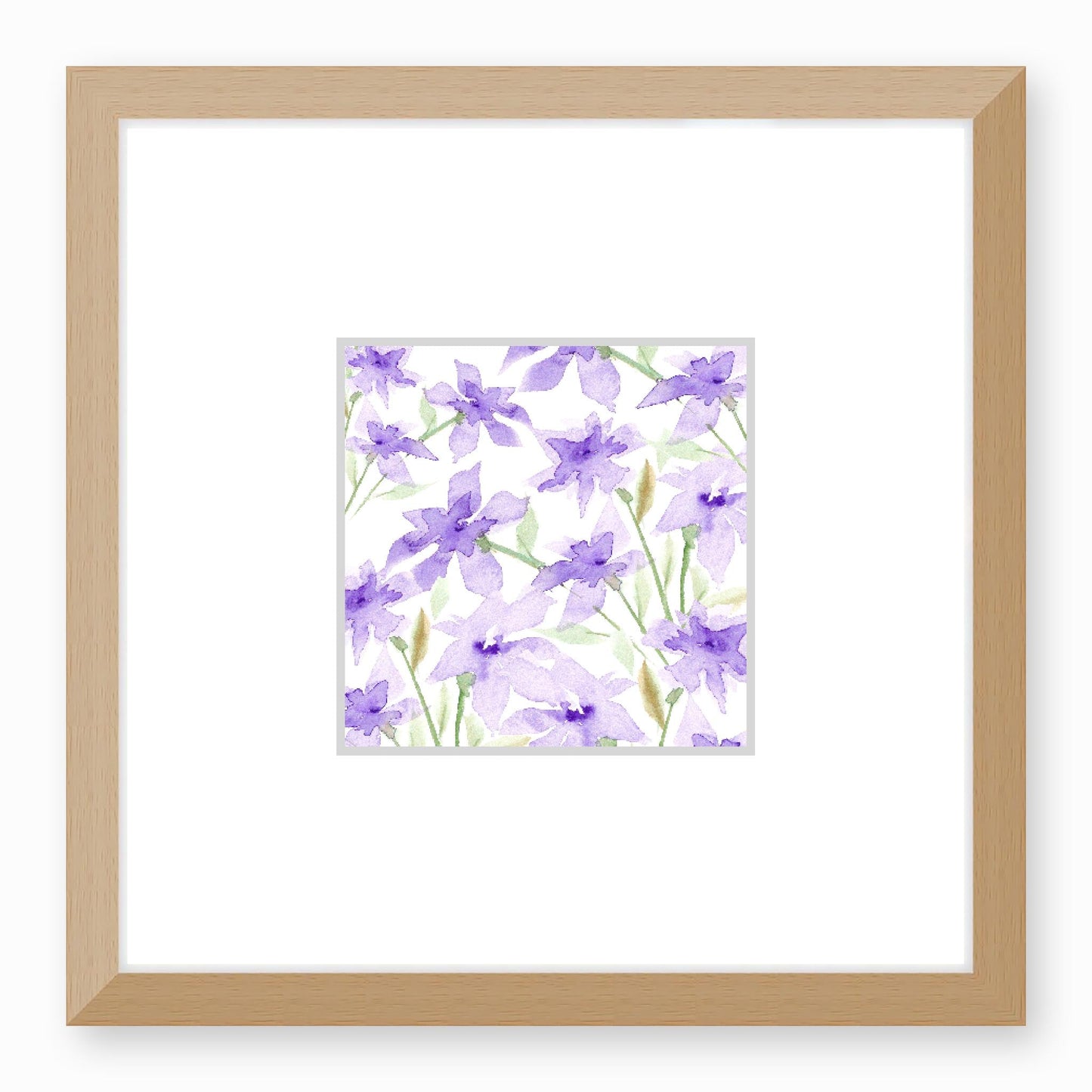 Framed Fine Art Print, Faux Mat - 12x12 inches | Purple Floral Watercolour, fms-1320-001, Prints, Fine art, Natural Frame,12 x 12 inches