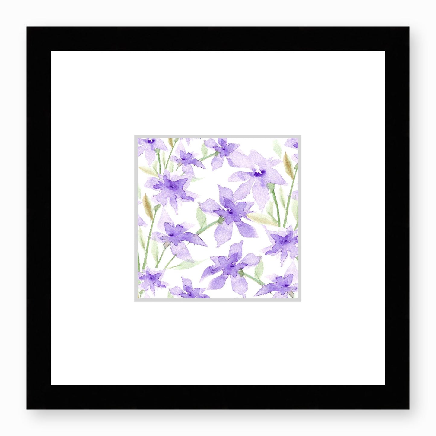 Framed Fine Art Print, Faux Mat - 12x12 inches | Purple Floral Watercolour, fms-1320-002, Prints, Fine art, Black Frame,12 x 12 inches
