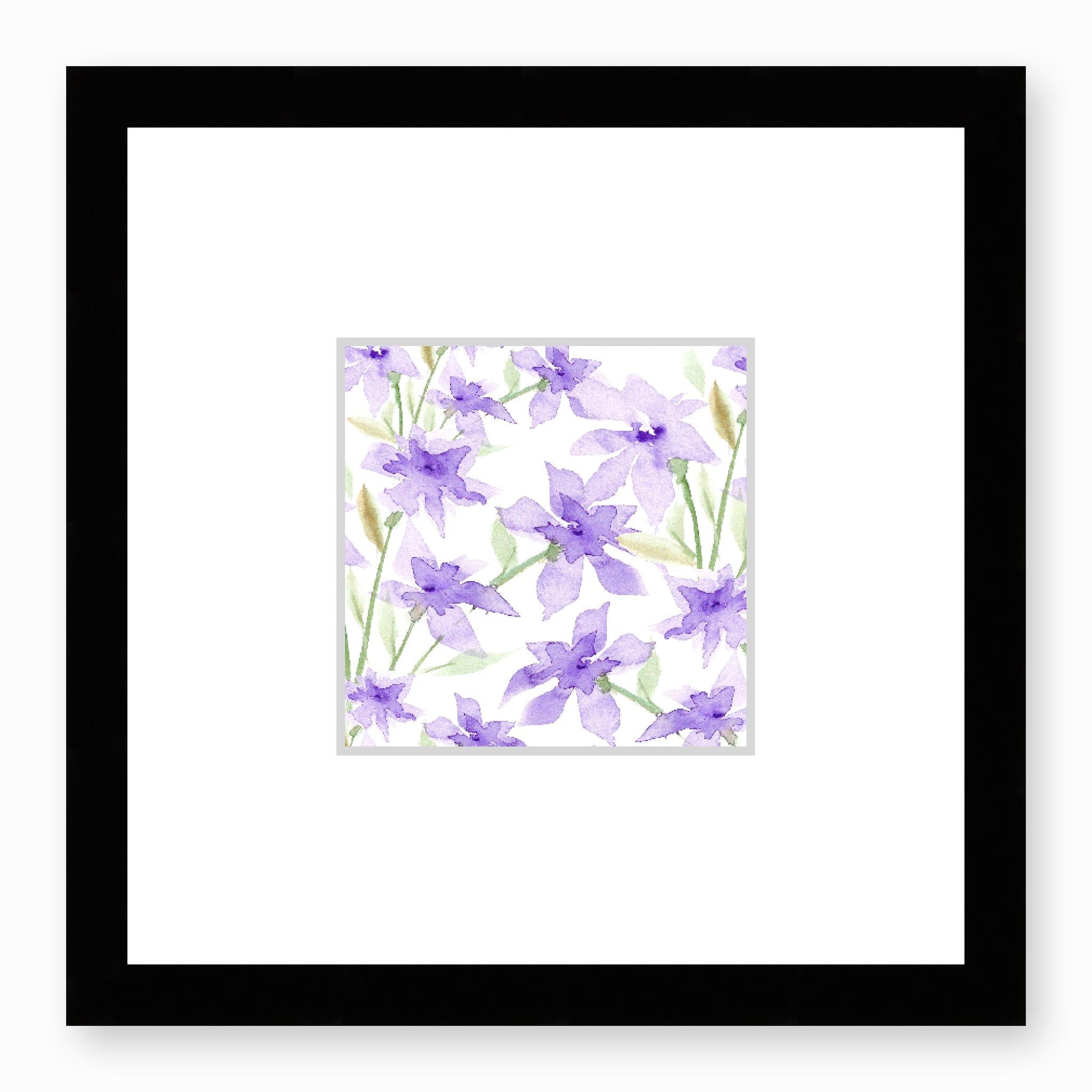 Framed Fine Art Print, Faux Mat - 12x12 inches | Purple Floral Watercolour, fms-1320-002, Prints, Fine art, Black Frame,12 x 12 inches