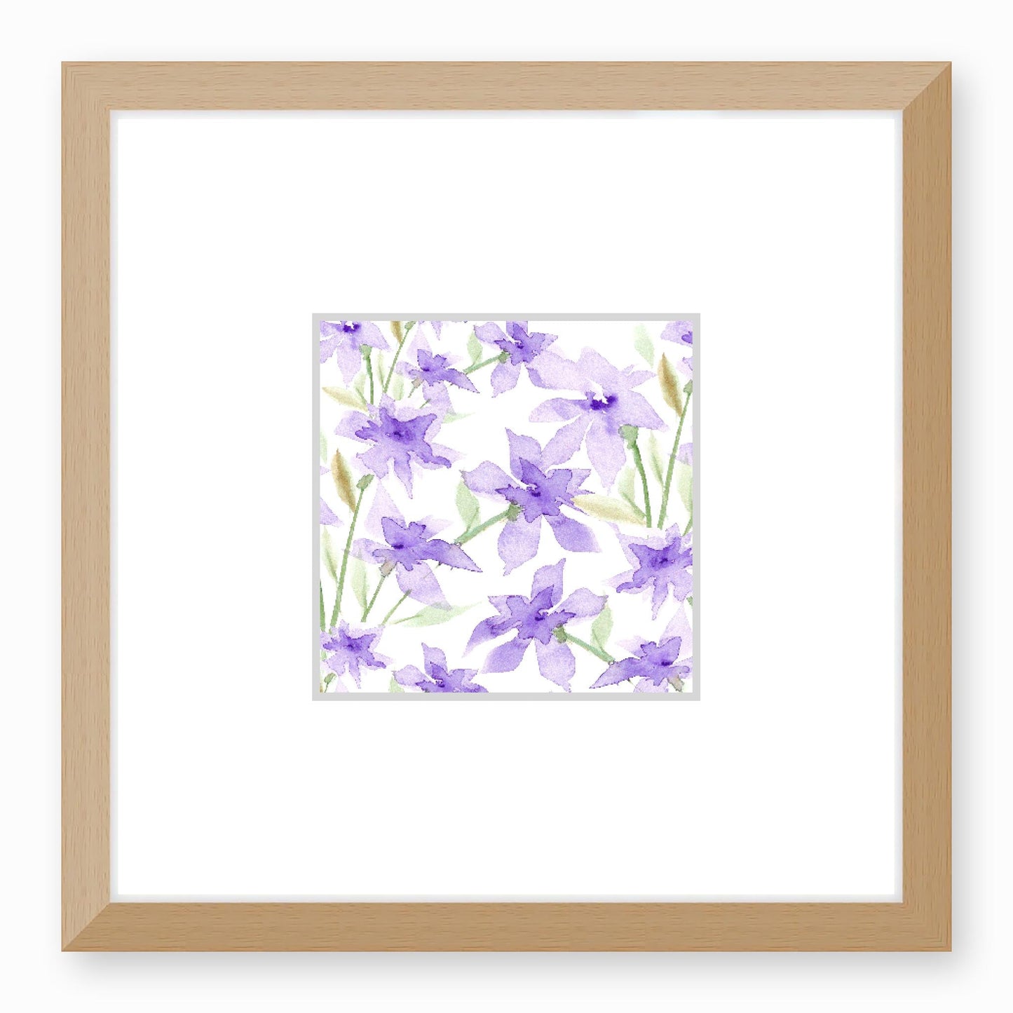 Framed Fine Art Print, Faux Mat - 12x12 inches | Purple Floral Watercolour, fms-1320-002, Prints, Fine art, Natural Frame,12 x 12 inches