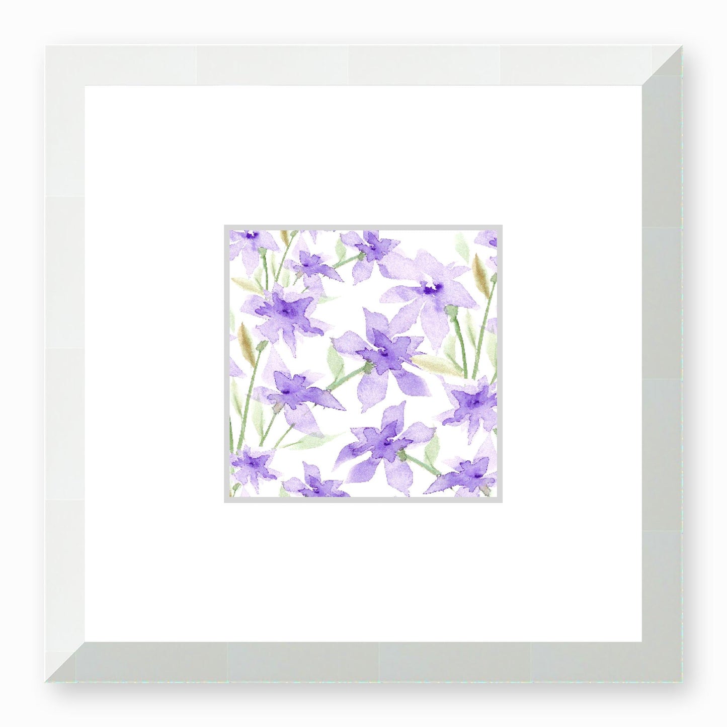 Framed Fine Art Print, Faux Mat - 12x12 inches | Purple Floral Watercolour, fms-1320-002, Prints, Fine art, White Frame,12 x 12 inches