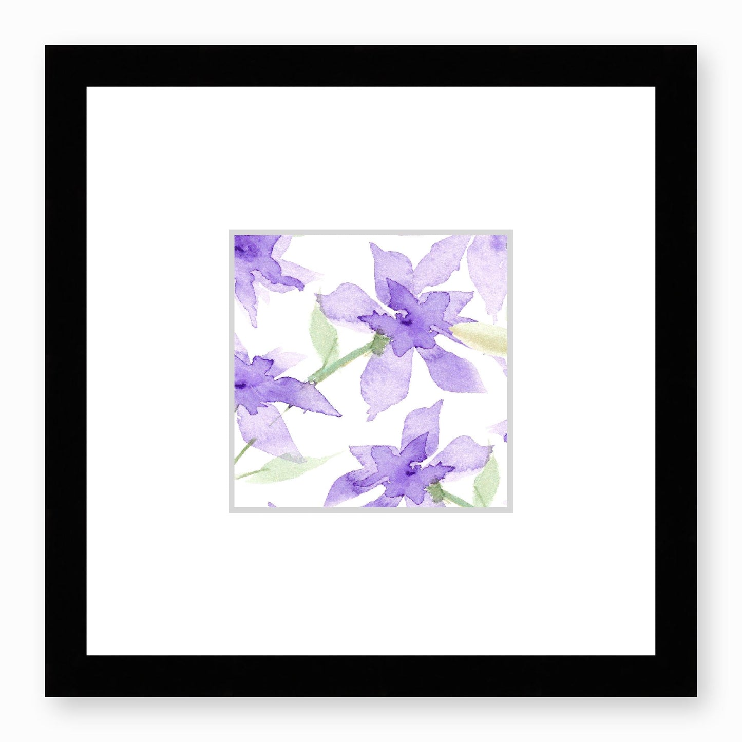 Framed Fine Art Print, Faux Mat - 12x12 inches | Purple Floral Watercolour, fms-1320-003, Prints, Fine art, Black Frame,12 x 12 inches
