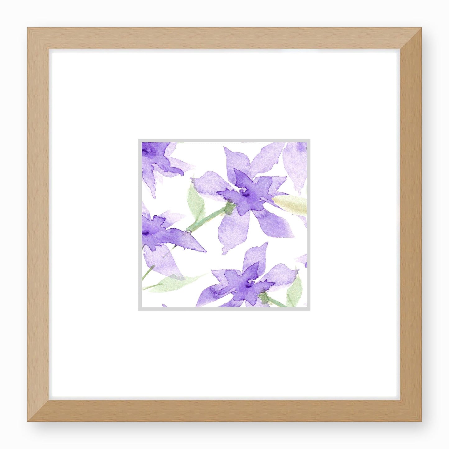 Framed Fine Art Print, Faux Mat - 12x12 inches | Purple Floral Watercolour, fms-1320-003, Prints, Fine art, Natural Frame,12 x 12 inches