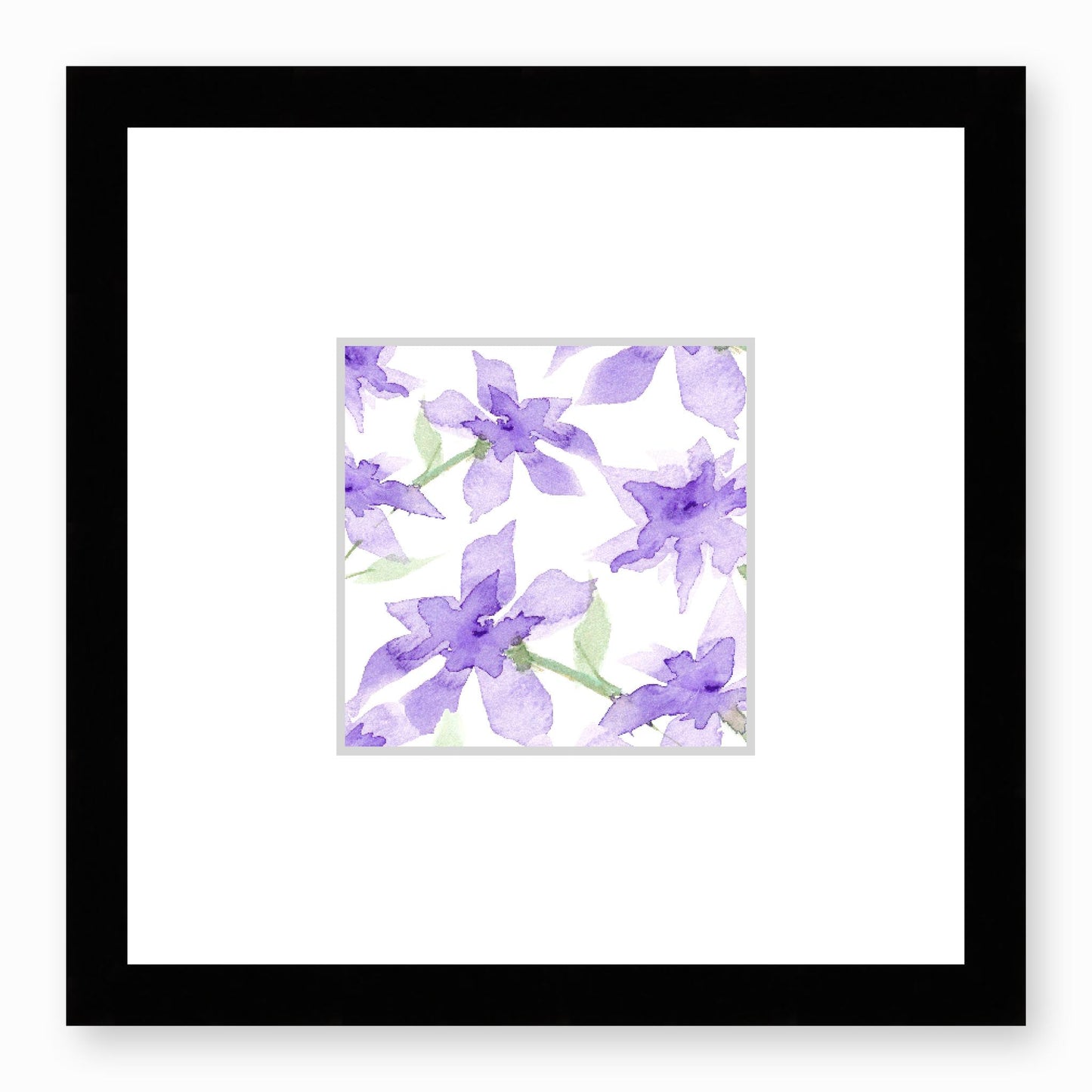 Framed Fine Art Print, Faux Mat - 12x12 inches | Purple Floral Watercolour, fms-1320-004, Prints, Fine art, Black Frame,12 x 12 inches