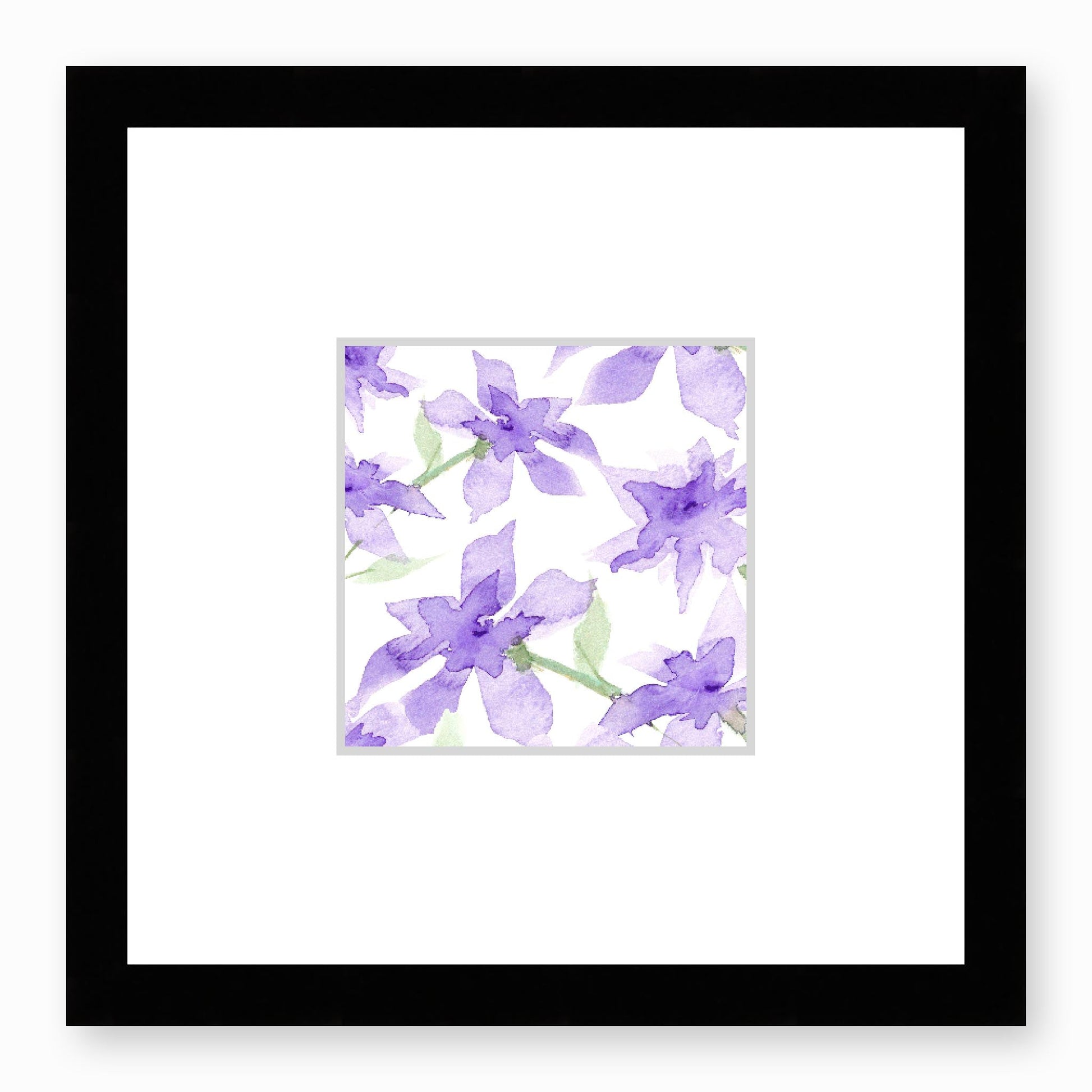Framed Fine Art Print, Faux Mat - 12x12 inches | Purple Floral Watercolour, fms-1320-004, Prints, Fine art, Black Frame,12 x 12 inches