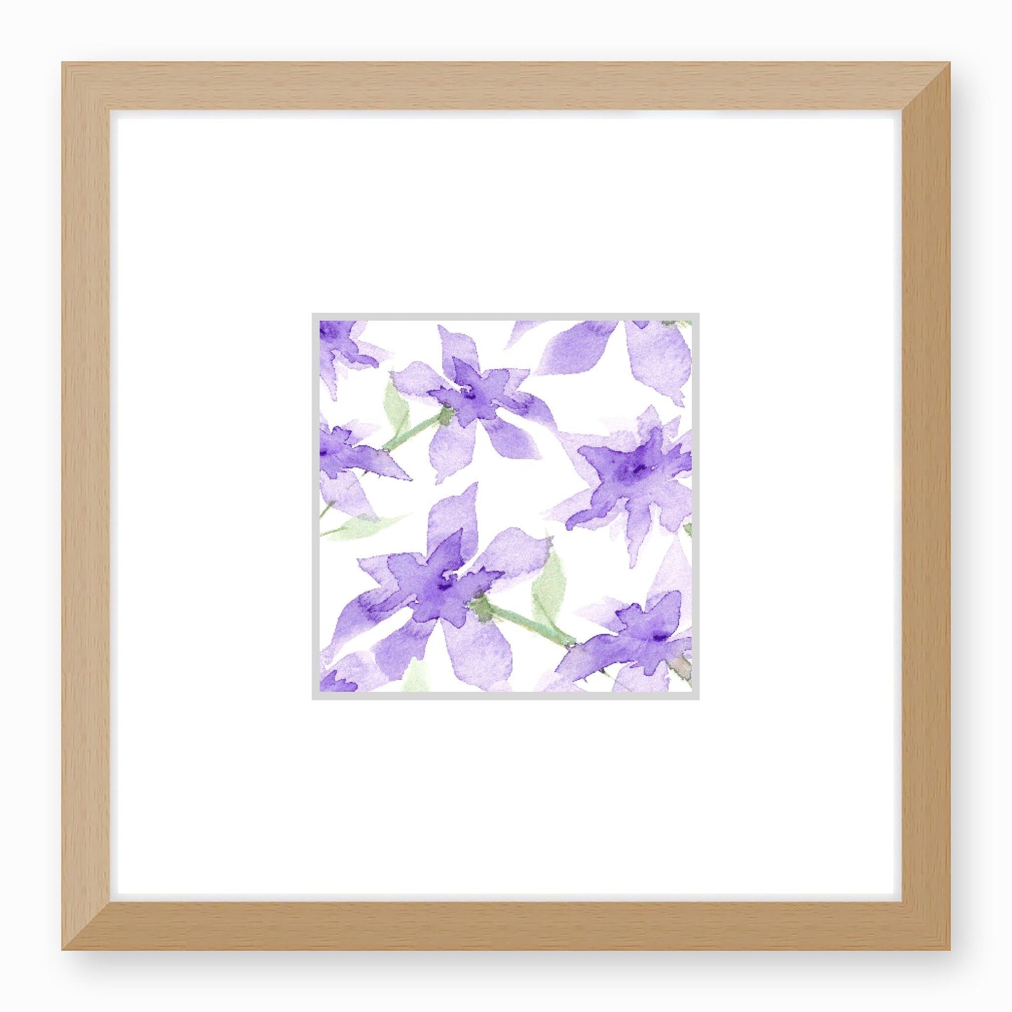 Framed Fine Art Print, Faux Mat - 12x12 inches | Purple Floral Watercolour, fms-1320-004, Prints, Fine art, Natural Frame,12 x 12 inches