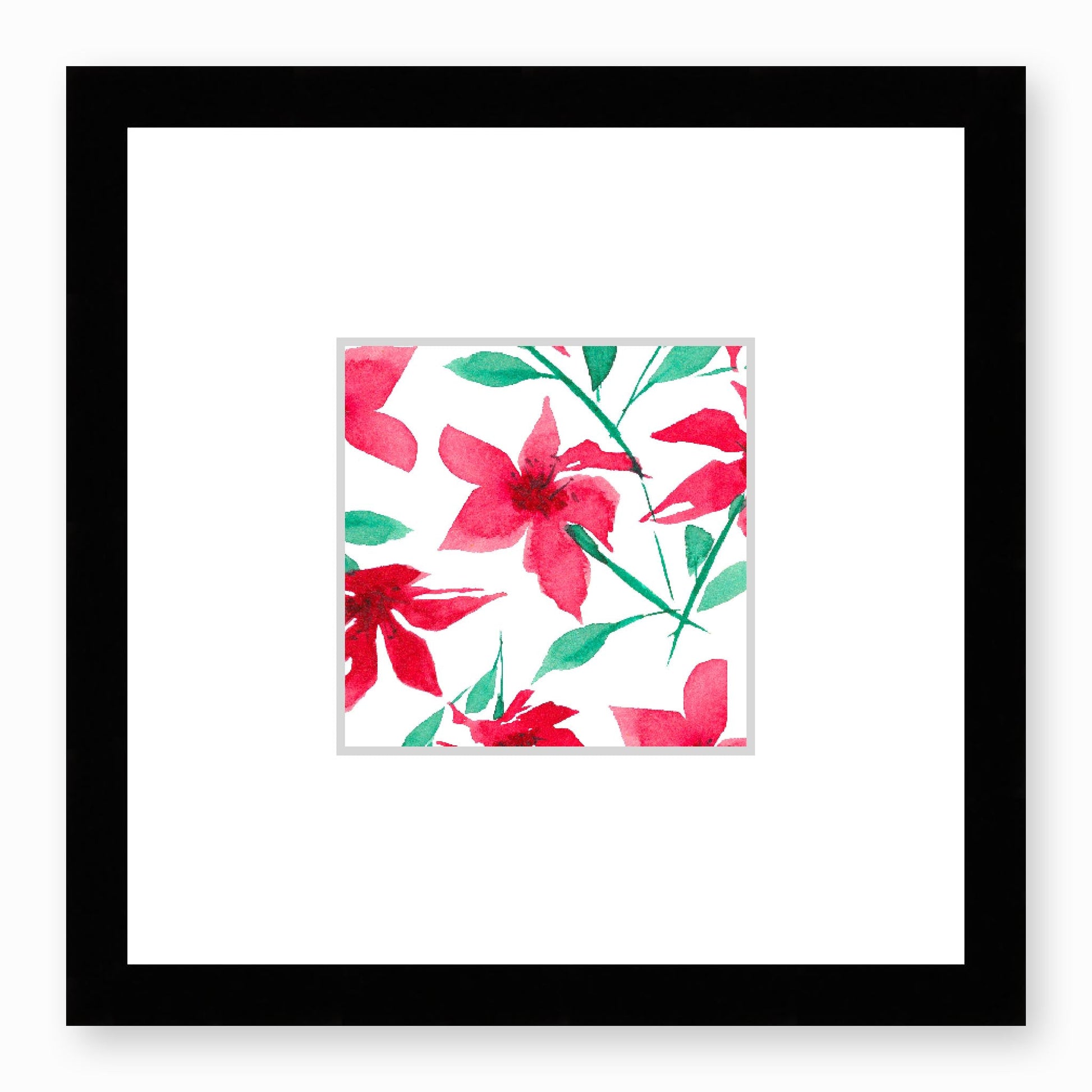 Framed Fine Art Print, Faux Mat - 12x12 inches | Red Floral Watercolour, fms-1330-001, Prints, Fine art, Black Frame,12 x 12 inches