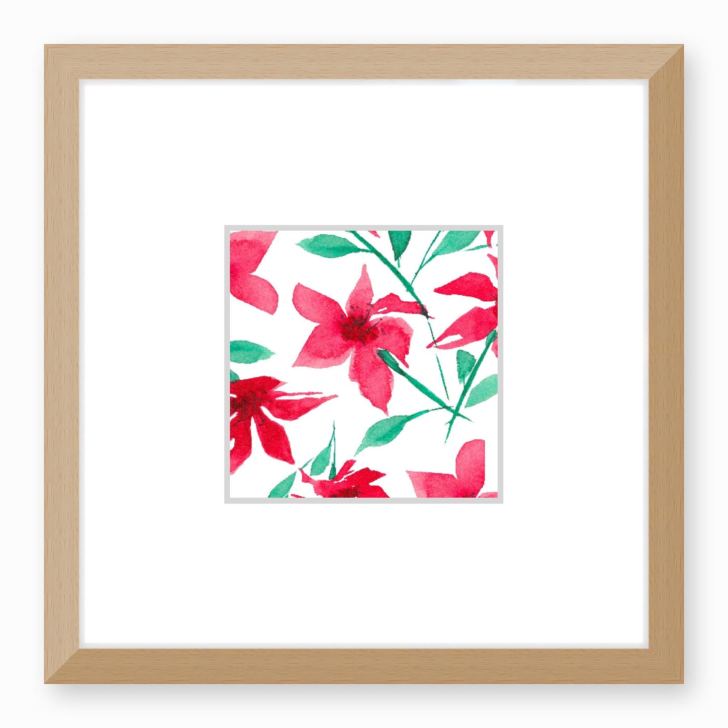 Framed Fine Art Print, Faux Mat - 12x12 inches | Red Floral Watercolour, fms-1330-001, Prints, Fine art, Natural Frame,12 x 12 inches
