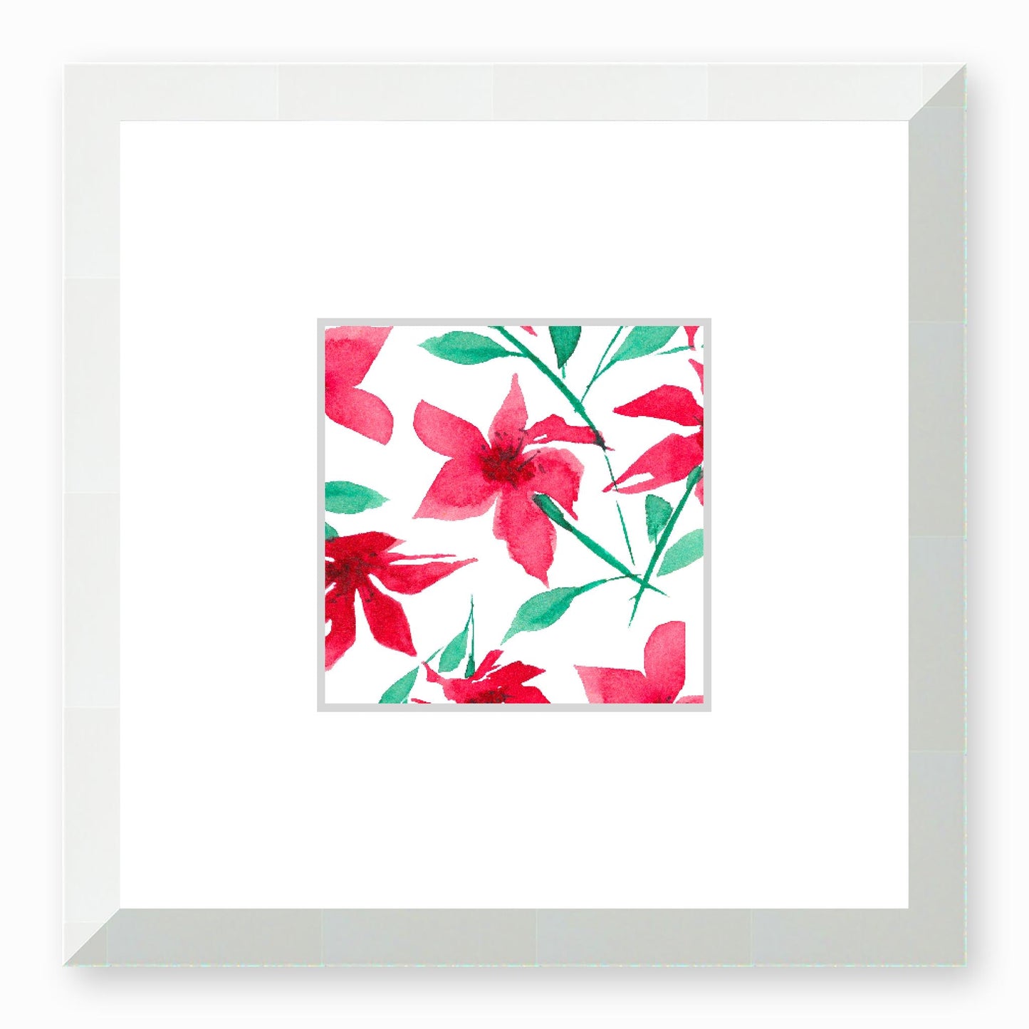 Framed Fine Art Print, Faux Mat - 12x12 inches | Red Floral Watercolour, fms-1330-001, Prints, Fine art, White Frame,12 x 12 inches