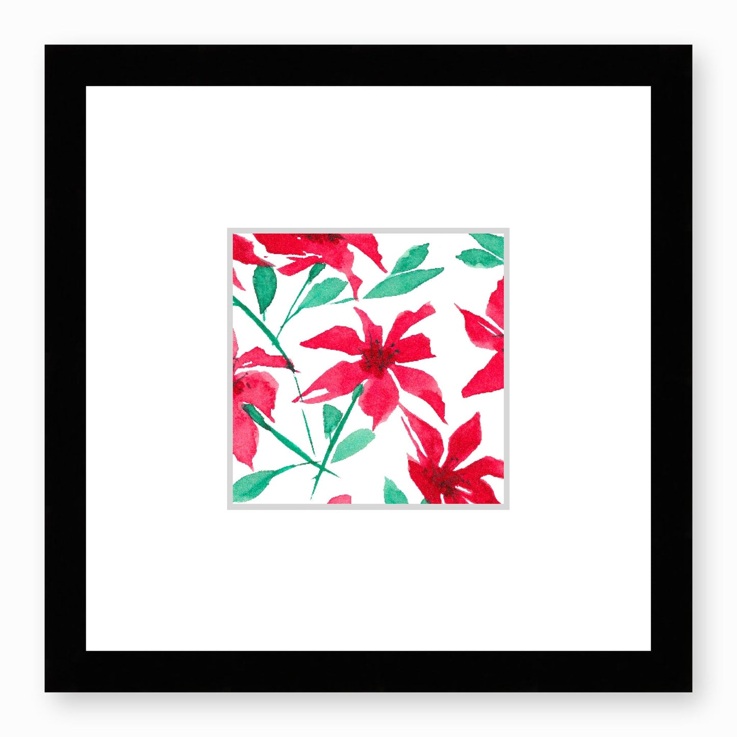 Framed Fine Art Print, Faux Mat - 12x12 inches | Red Floral Watercolour, fms-1330-002, Prints, Fine art, Black Frame,12 x 12 inches