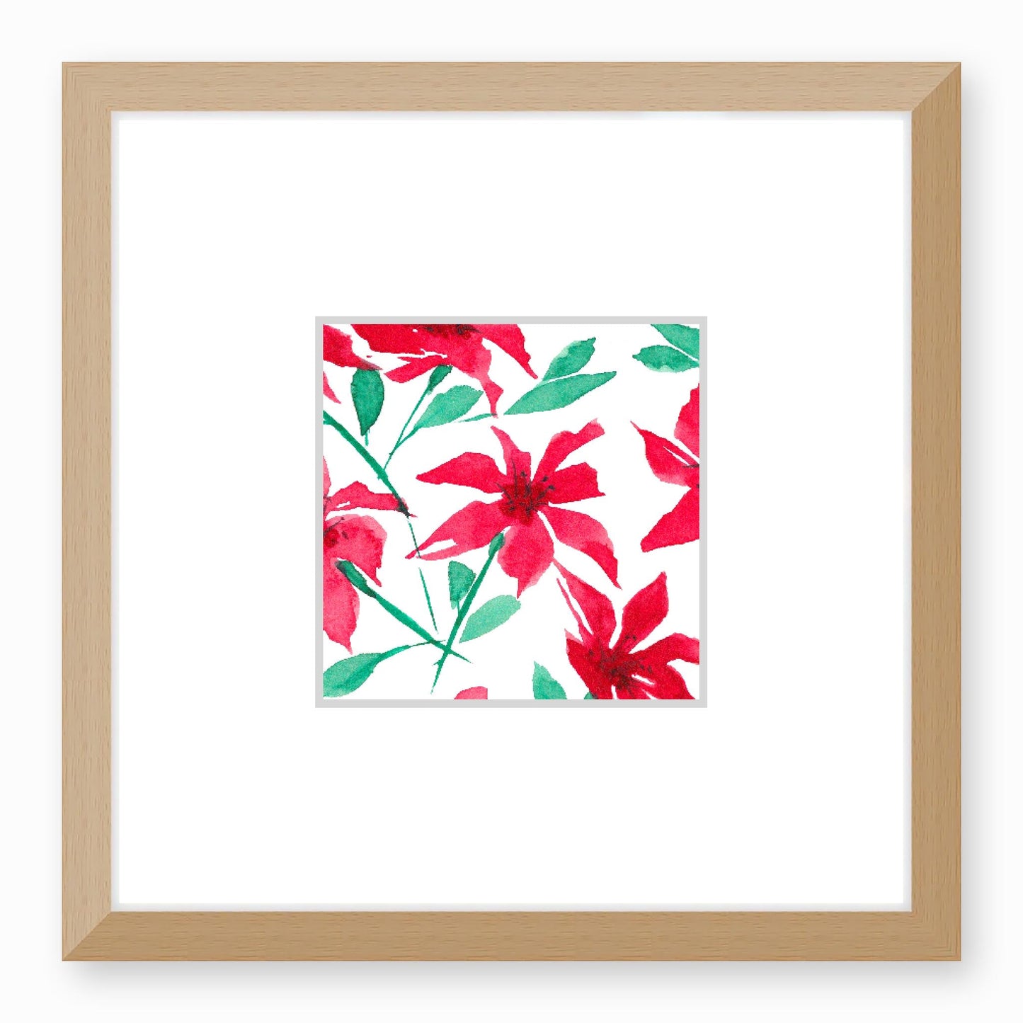 Framed Fine Art Print, Faux Mat - 12x12 inches | Red Floral Watercolour, fms-1330-002, Prints, Fine art, Natural Frame,12 x 12 inches