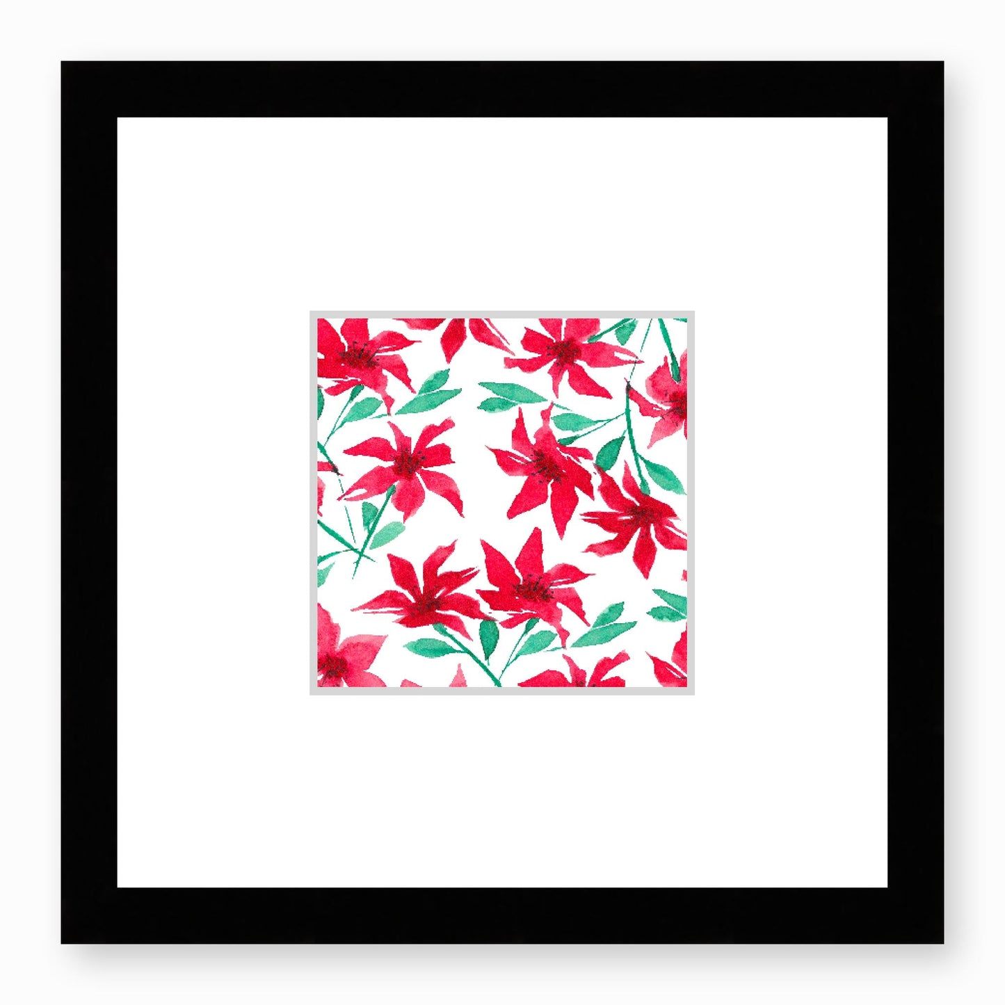 Framed Fine Art Print, Faux Mat - 12x12 inches | Red Floral Watercolour, fms-1330-003, Prints, Fine art, Black Frame,12 x 12 inches