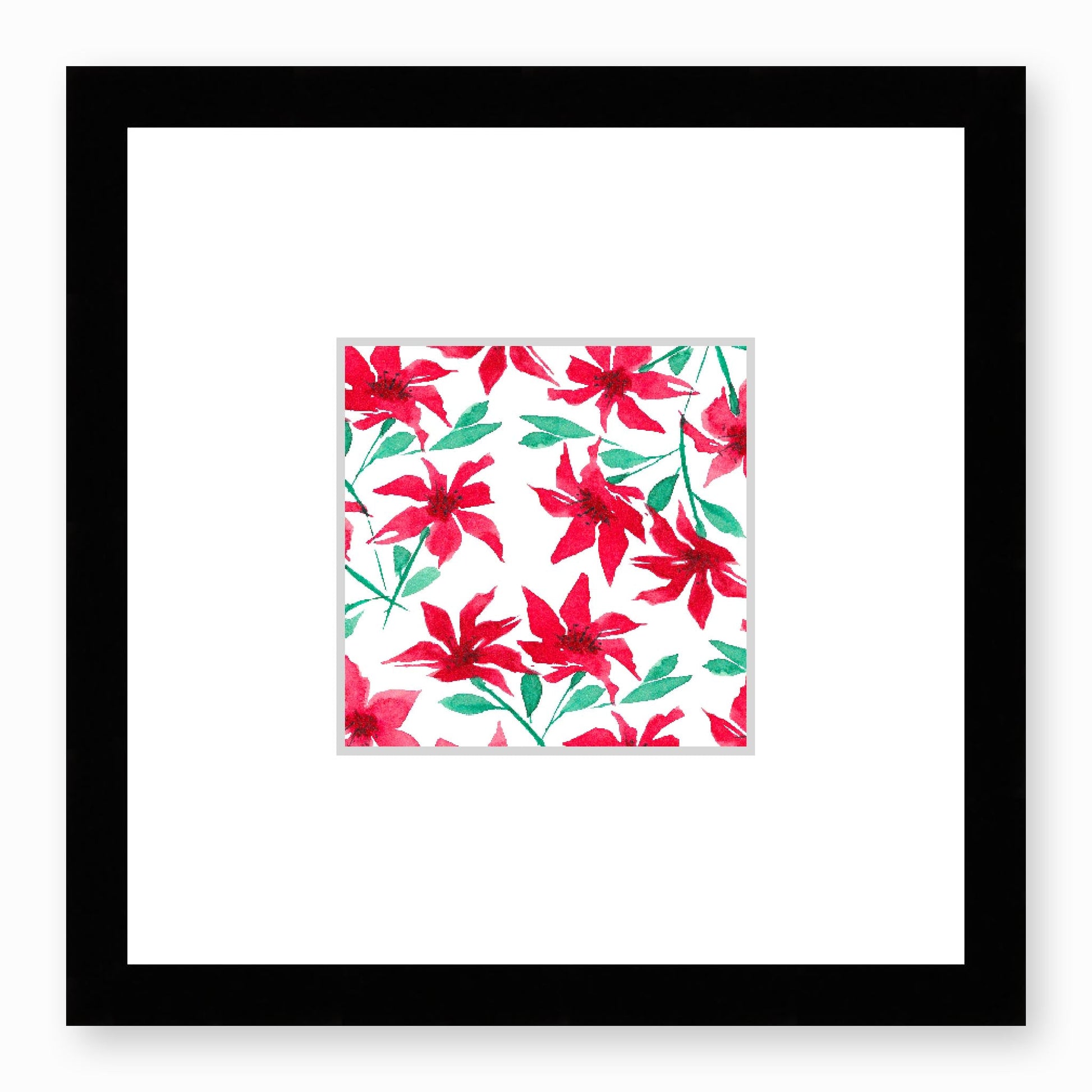 Framed Fine Art Print, Faux Mat - 12x12 inches | Red Floral Watercolour, fms-1330-003, Prints, Fine art, Black Frame,12 x 12 inches