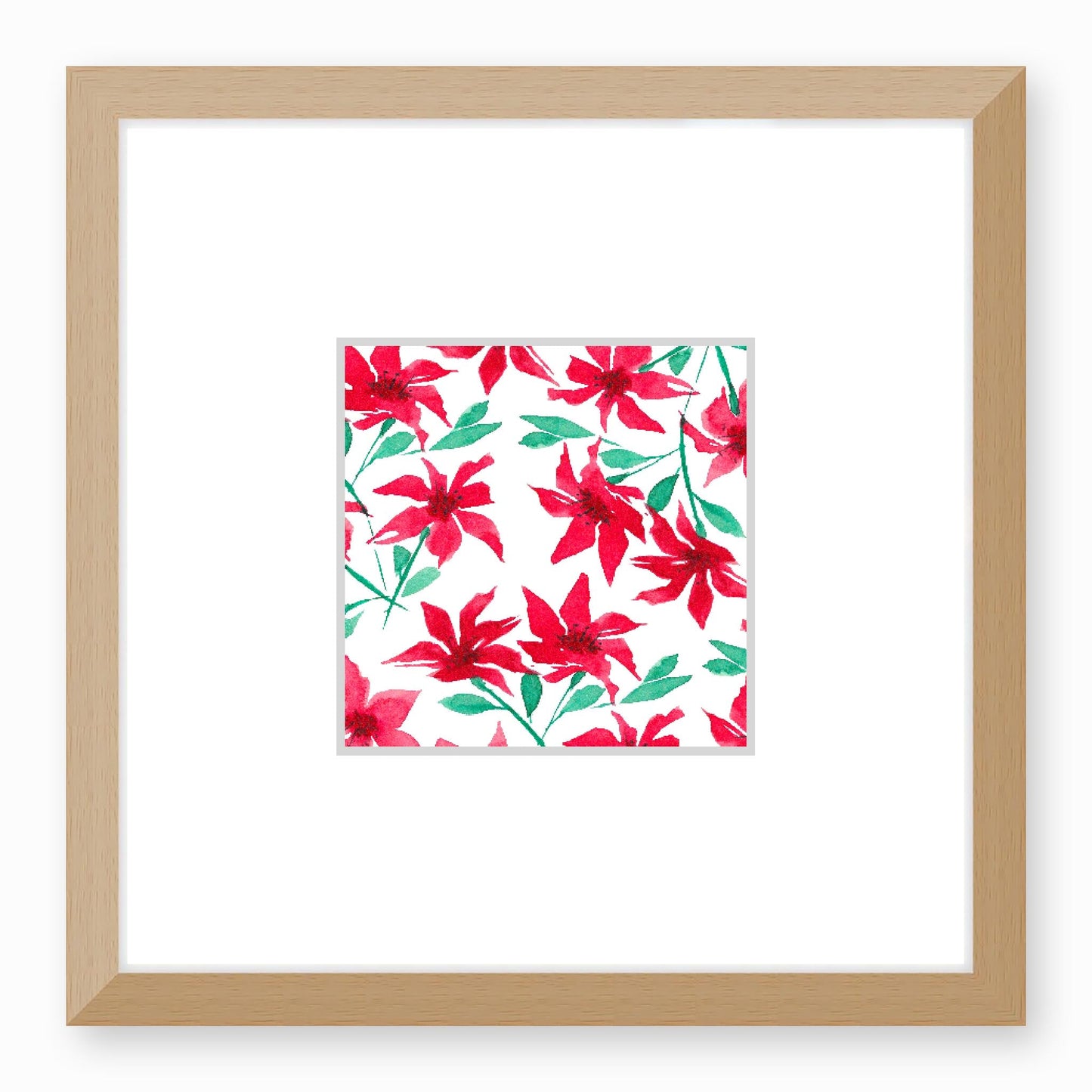 Framed Fine Art Print, Faux Mat - 12x12 inches | Red Floral Watercolour, fms-1330-003, Prints, Fine art, Natural Frame,12 x 12 inches