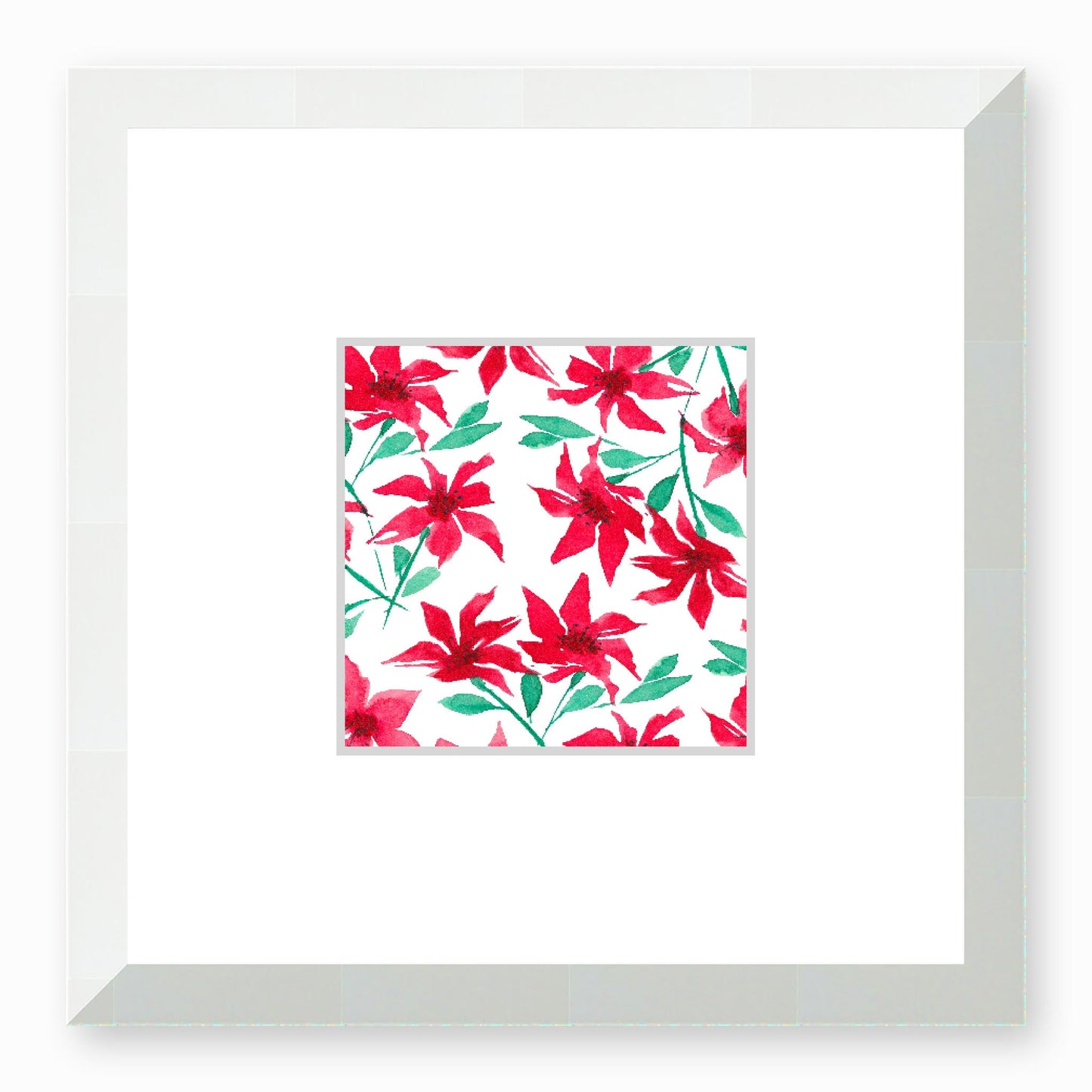 Framed Fine Art Print, Faux Mat - 12x12 inches | Red Floral Watercolour, fms-1330-003, Prints, Fine art, White Frame,12 x 12 inches