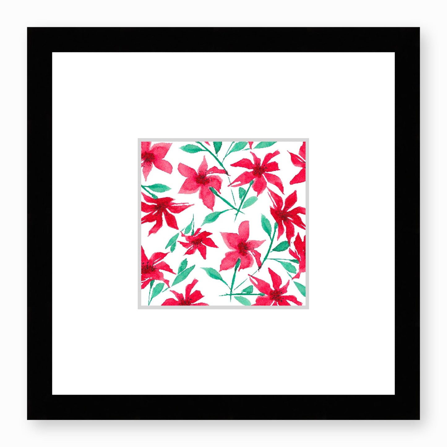 Framed Fine Art Print, Faux Mat - 12x12 inches | Red Floral Watercolour, fms-1330-004, Prints, Fine art, Black Frame,12 x 12 inches