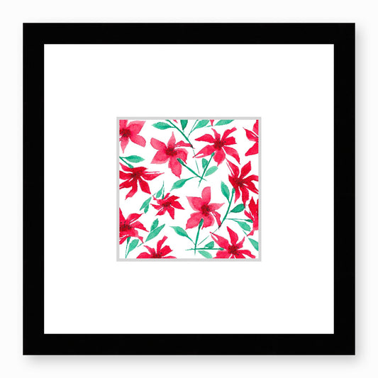Framed Fine Art Print, Faux Mat - 12x12 inches | Red Floral Watercolour, fms-1330-004, Prints, Fine art, Black Frame,12 x 12 inches