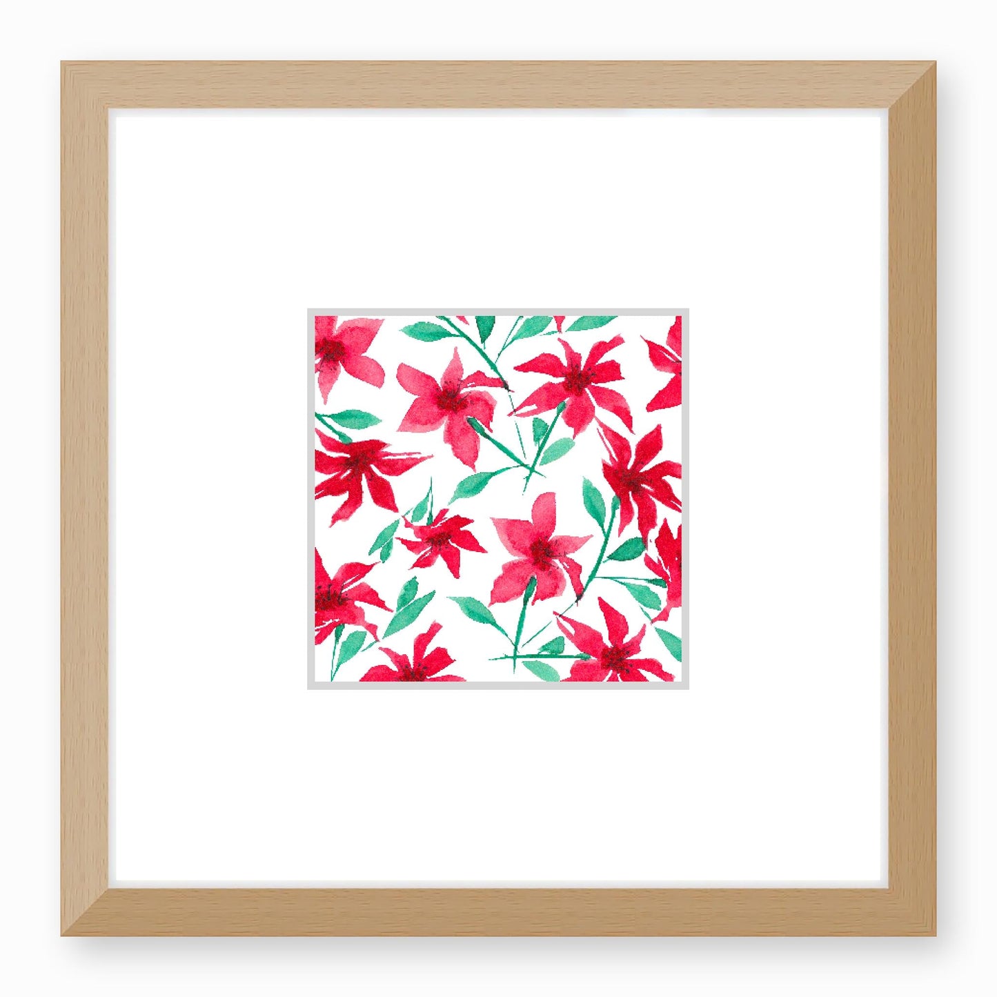 Framed Fine Art Print, Faux Mat - 12x12 inches | Red Floral Watercolour, fms-1330-004, Prints, Fine art, Natural Frame,12 x 12 inches