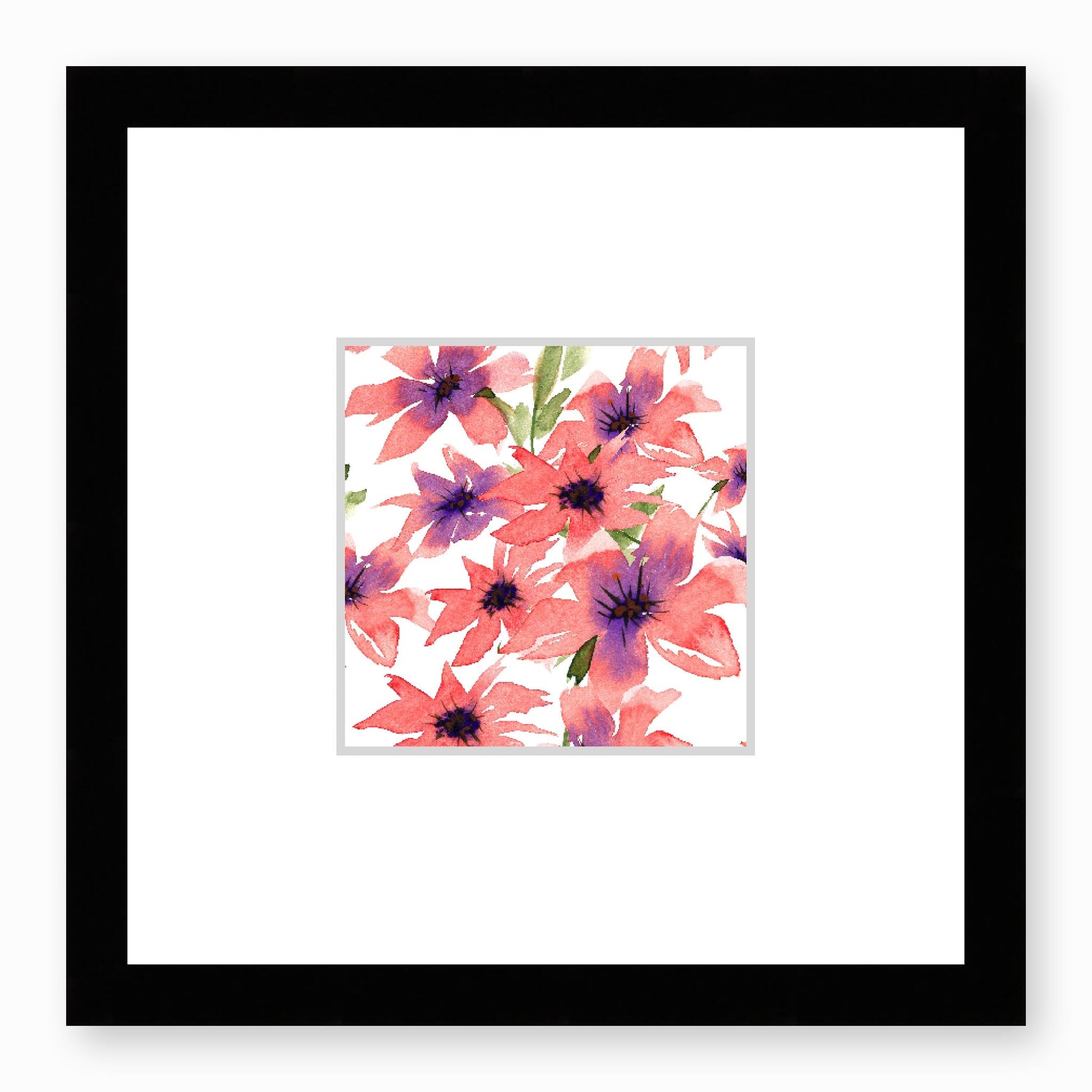 Framed Fine Art Print, Faux Mat - 12x12 inches | Pink Floral Watercolour, fms-1340-001, Prints, Fine art, Black Frame,12 x 12 inches
