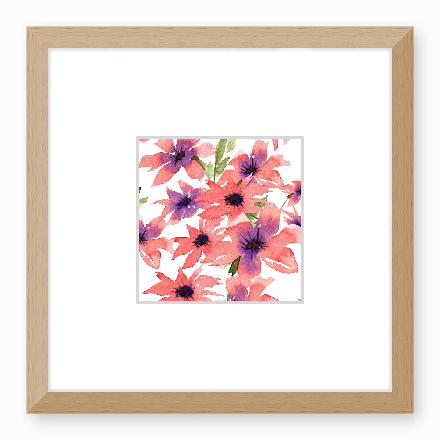 Framed Fine Art Print, Faux Mat - 12x12 inches | Pink Floral Watercolour, fms-1340-001, Prints, Fine art, Natural Frame,12 x 12 inches