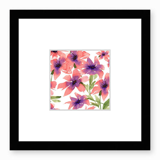 Framed Fine Art Print, Faux Mat - 12x12 inches | Pink Floral Watercolour, fms-1340-002, Prints, Fine art, Black Frame,12 x 12 inches