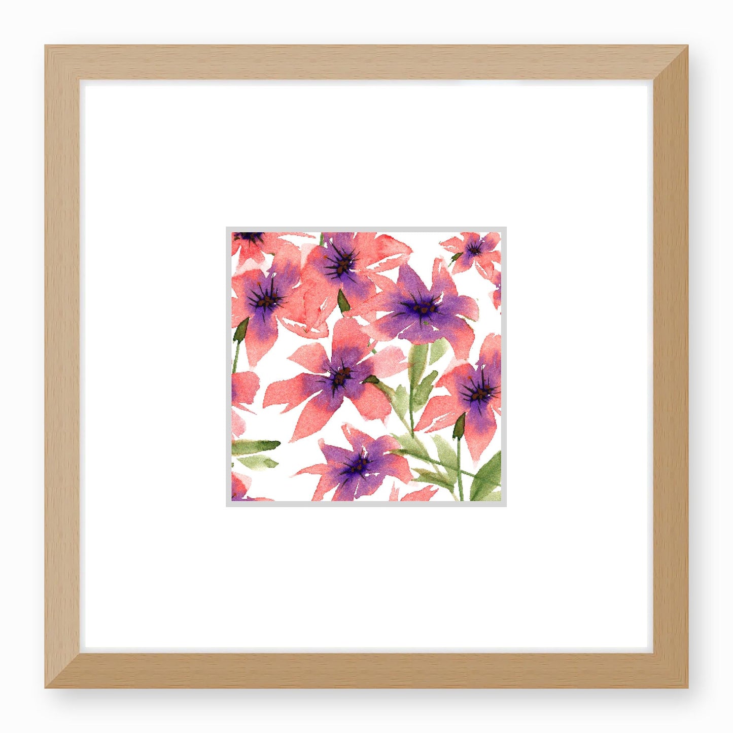 Framed Fine Art Print, Faux Mat - 12x12 inches | Pink Floral Watercolour, fms-1340-002, Prints, Fine art, Natural Frame,12 x 12 inches