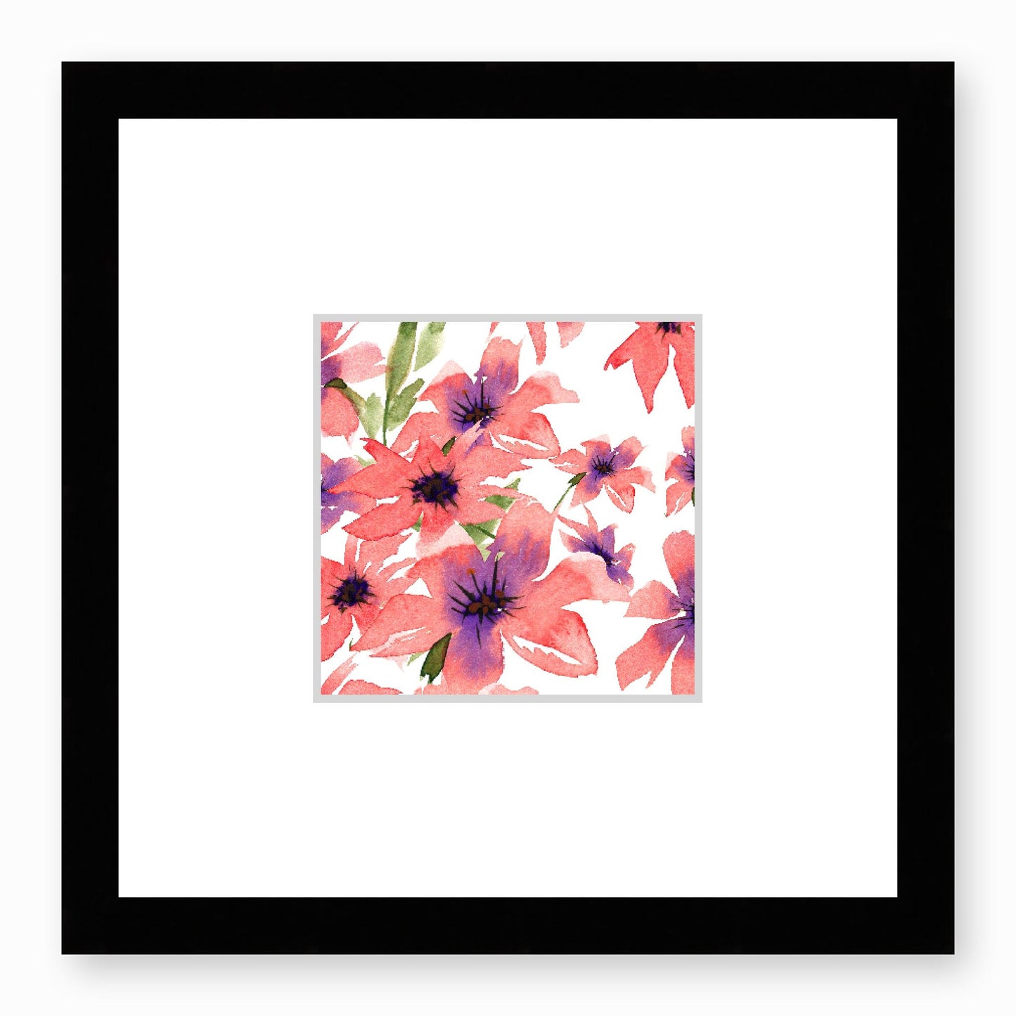 Framed Fine Art Print, Faux Mat - 12x12 inches | Pink Floral Watercolour, fms-1340-003, Prints, Fine art, Black Frame,12 x 12 inches
