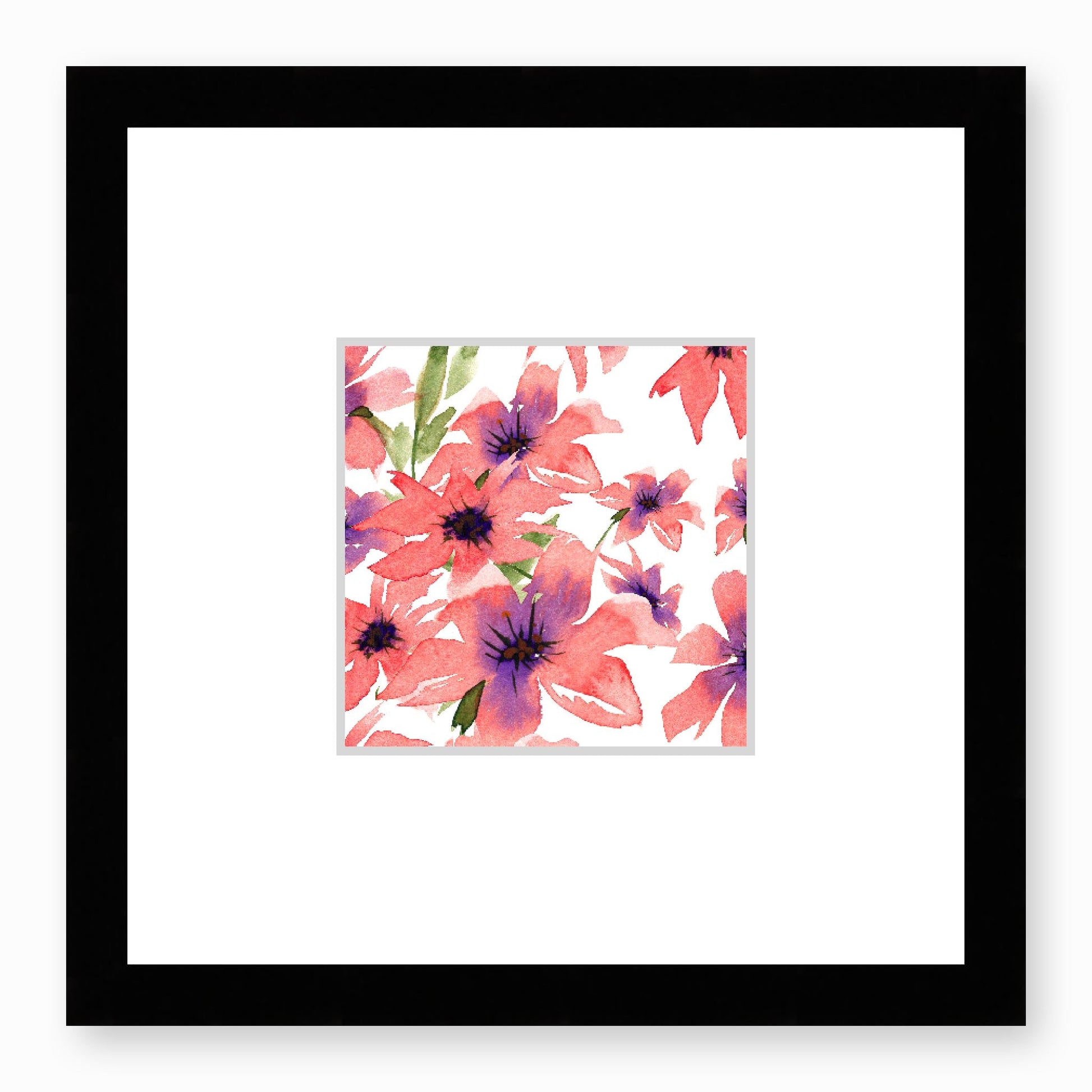Framed Fine Art Print, Faux Mat - 12x12 inches | Pink Floral Watercolour, fms-1340-003, Prints, Fine art, Black Frame,12 x 12 inches